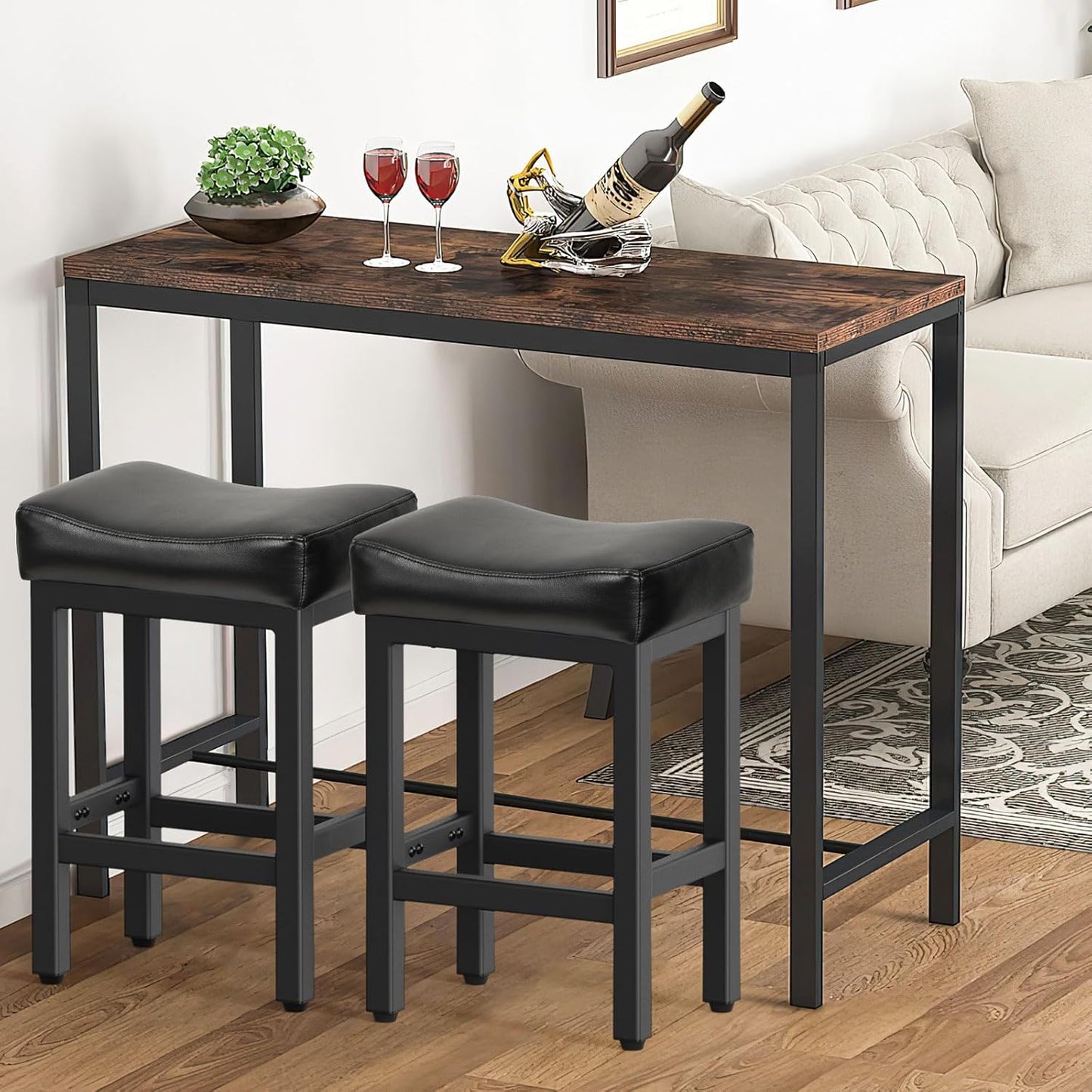 Counter Height Bar Stools Set of 3, 24 Inch Barstools for Kitchen Island Counter, Bonded Leather Kitchen Stools with Thick Saddle Seats & Heavy Duty Metal Base, Easy Assembly, Gray/White