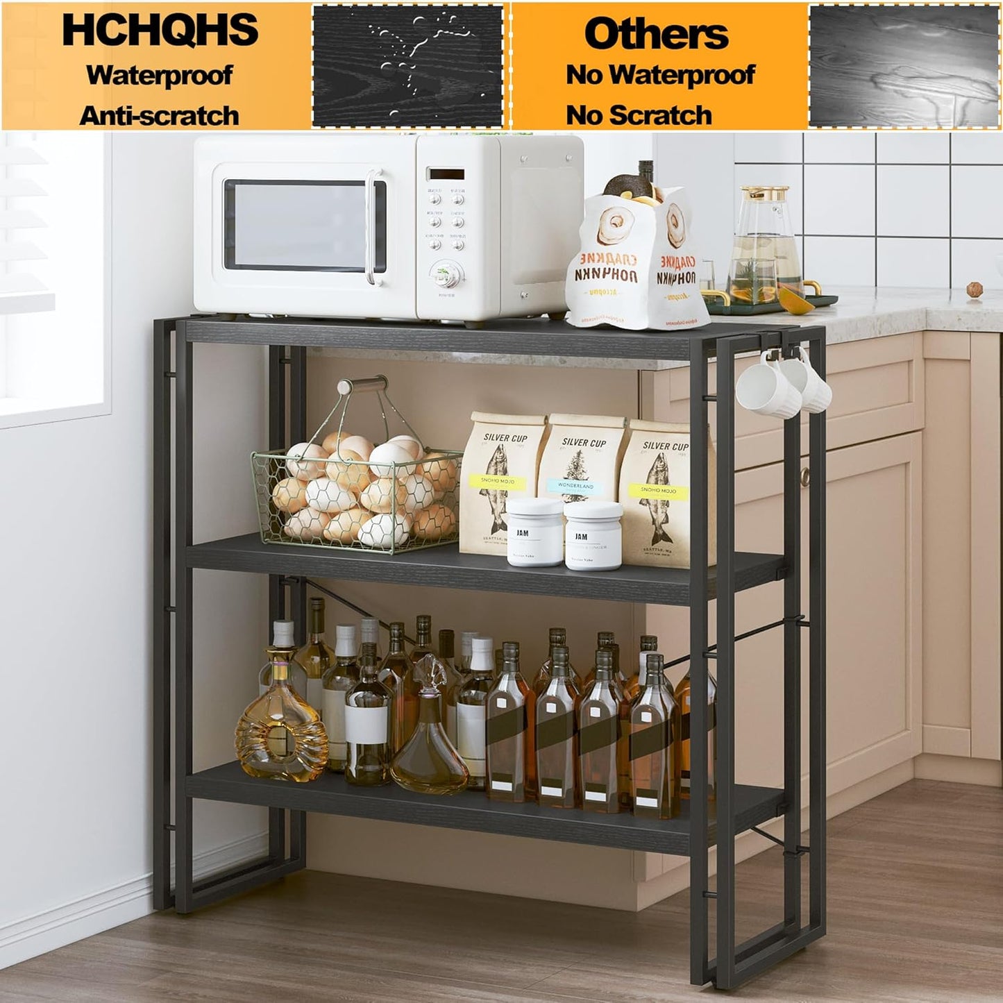 HCHQHS Bookshelf, 3-Tier Industrial Bookcase, Black Open Book Shelf, Freestanding Horizontal Bookshelves with Metal Frame