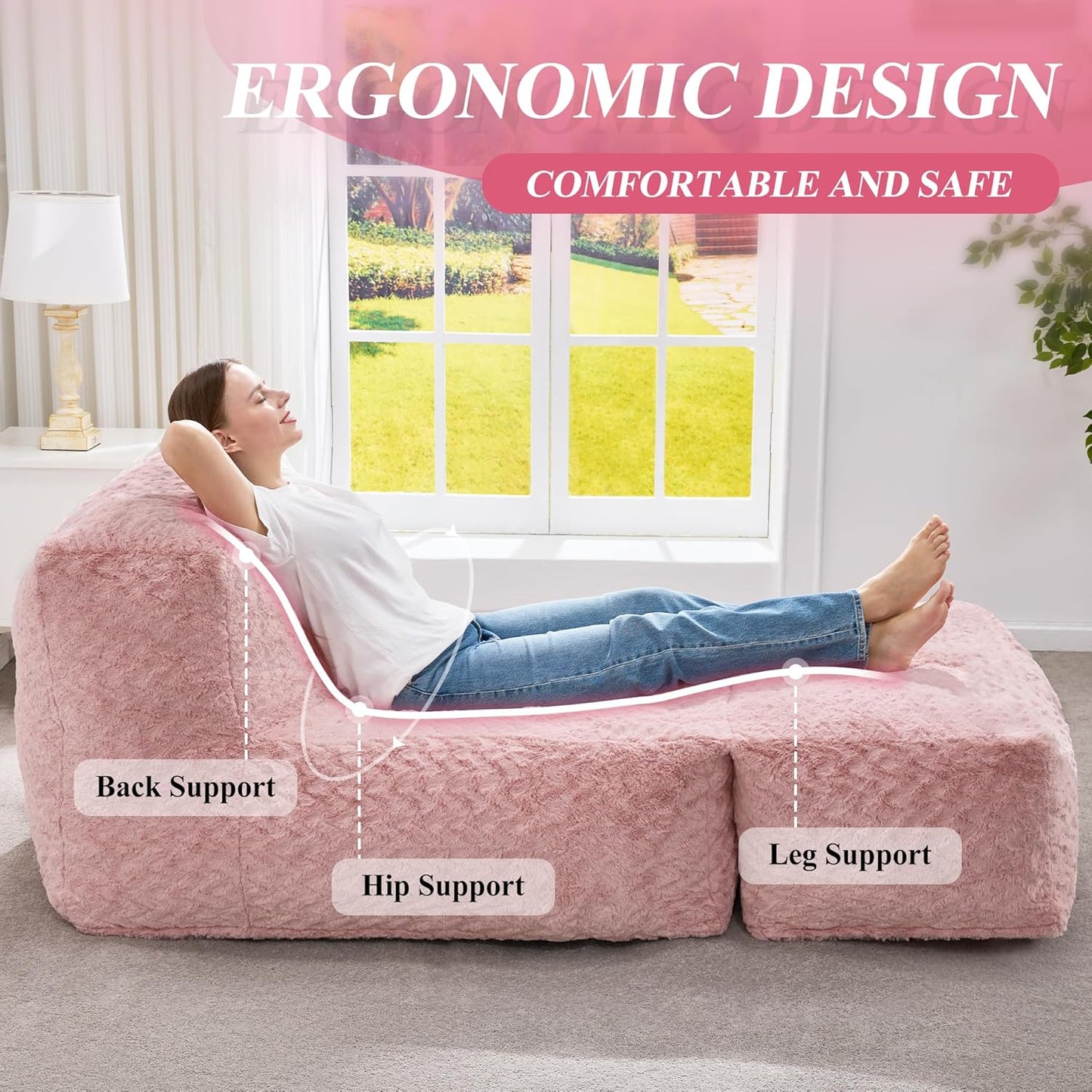 Hobestluk Bean Bag Chair Big Bean Bag Lounger for Adults Bean Bag Couch with Memory Foam Filled for Living Room, Bedroom or Balcony (Chevron Plush Pink)