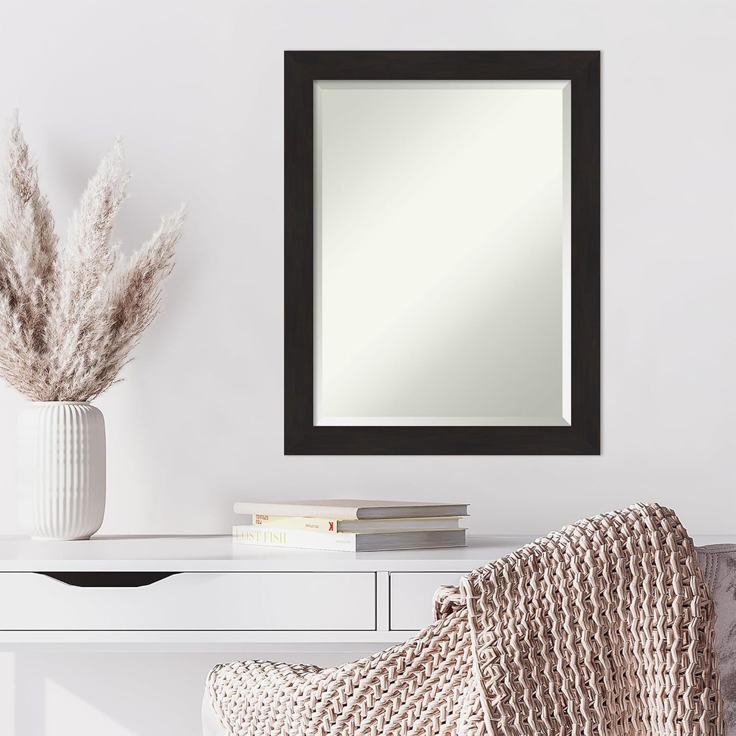 Amanti Art Brown Wall Mirror 28x22 Furniture Espresso Narrow Rectangle Bathroom Mirror for Wall Decor Living Room, Medium Casual Frame, Hangs Horizonally and Vertically, Bathroom Decor, Beveled Edge