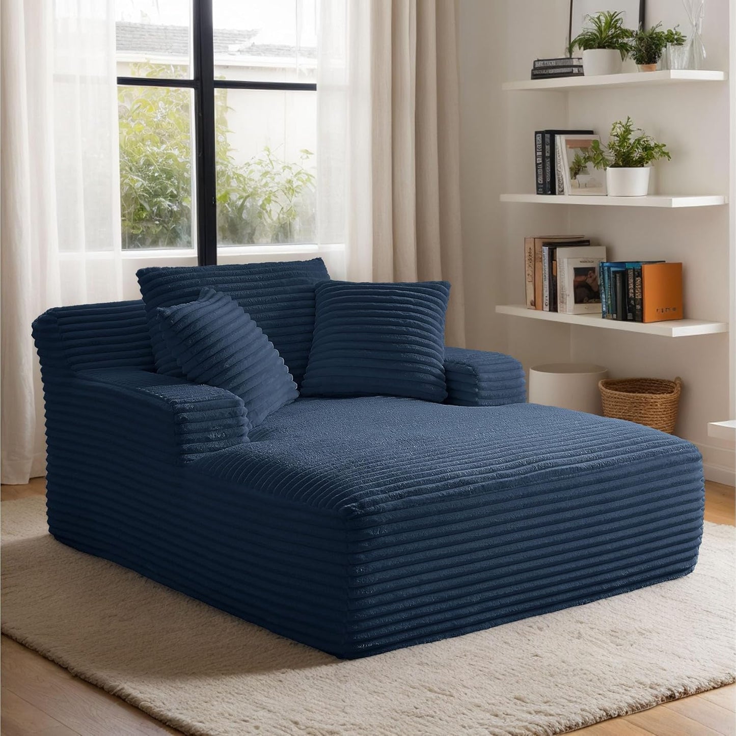 Oversized Chaise Daybed Lounge Sleeper Chair Sofa Bed Indoor, Fluffy Corduroy Upholstered Sleeper Recliner Sofabed Full Foam Boneless Cloud Sofabed W/3 Pillows for Home/Apartment Living Room Bedroom
