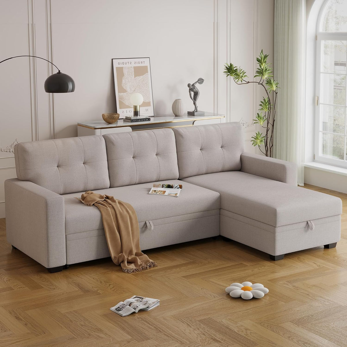 Ball & Cast Convertible Sectional Sleeper Sofa Bed L Shaped 4 in 1 Pull Out Couch with Reversible Storage Chaise & Removable Back Cushions,Sleeper Corner Pull Out Sofa Bed Couch for Living Room,Office