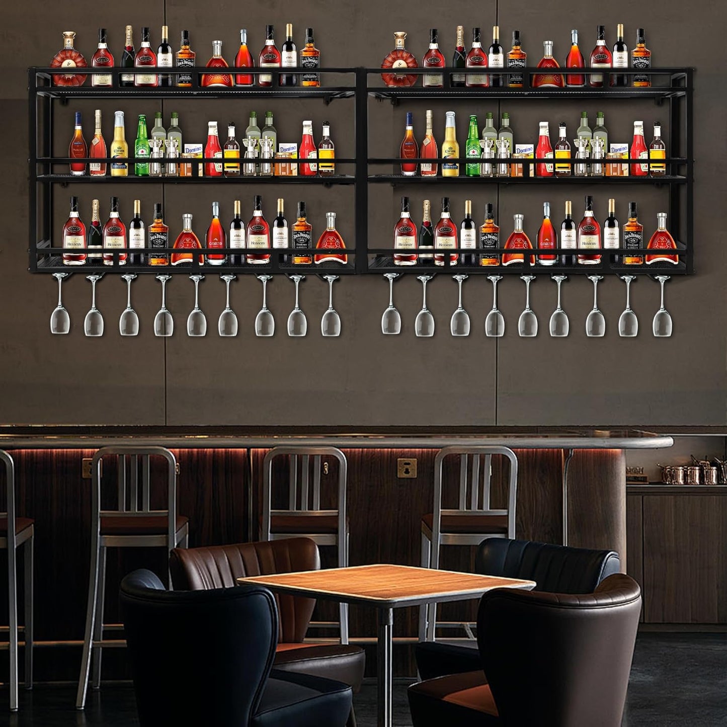 39 Inch Metal Wine Rack Wall Mounted, Bar Shelves for Liquor Bottles with LED Light, 3 Tier Large Capacity Liquor Rack Wall Mounted with Glass Holder for Home Bar & Dining Room, Black