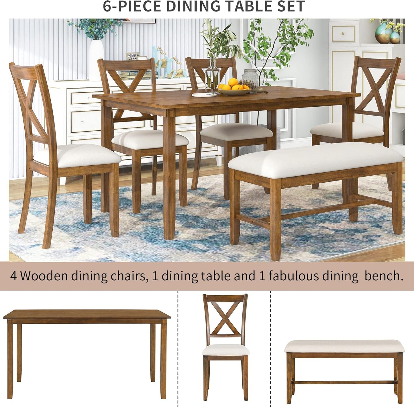 Ball & Cast 6 Piece Dining Table Set with 4 "X-Shaped Curved Backres Fabric Chairs & 1 Bench,Living Room Furniture W/ 60" Rectangle Kitchen Desk,for Restaurant,Home Bistro,Natural Cherry