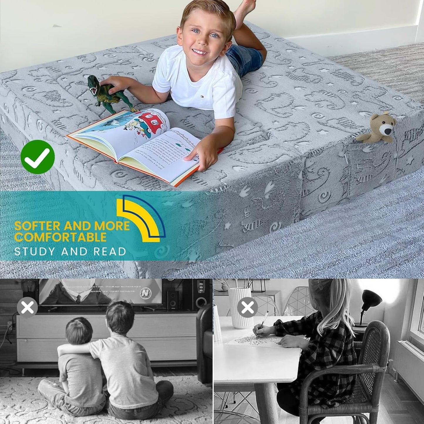 MeMoreCool Glow-in-The-Dark Dinosaur Modular Kids Play Couch — Convertible Foam Sofa for Toddlers, Multi-Configuration Climbing & Fort Building Furniture with Washable Covers, Gray