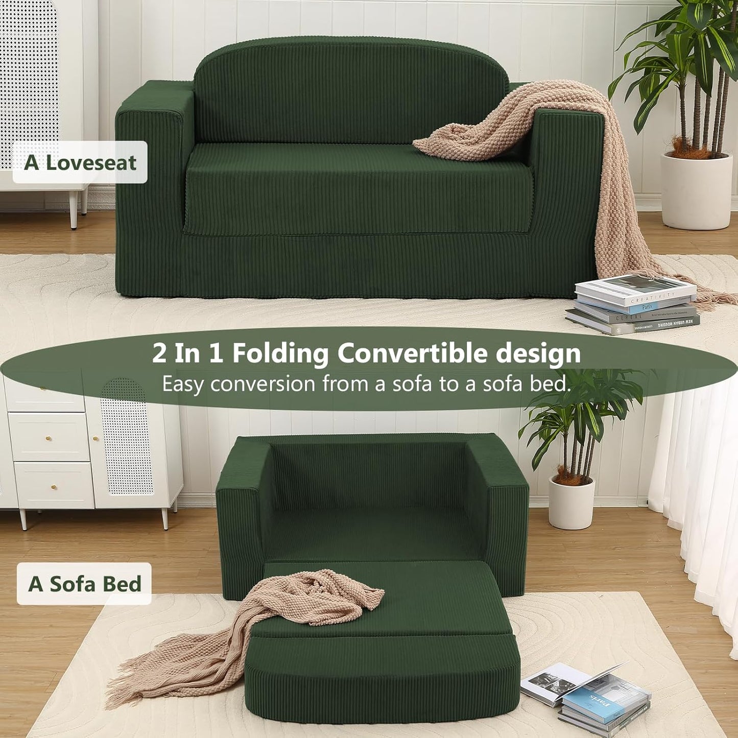 MeMoreCool Cozy Small-Space Convertible Loveseat to Guest Bed – Boneless Corduroy Floor Couch with High-Density Foam, Removable Washable Cover, No-Assembly Fold-Out Sofa