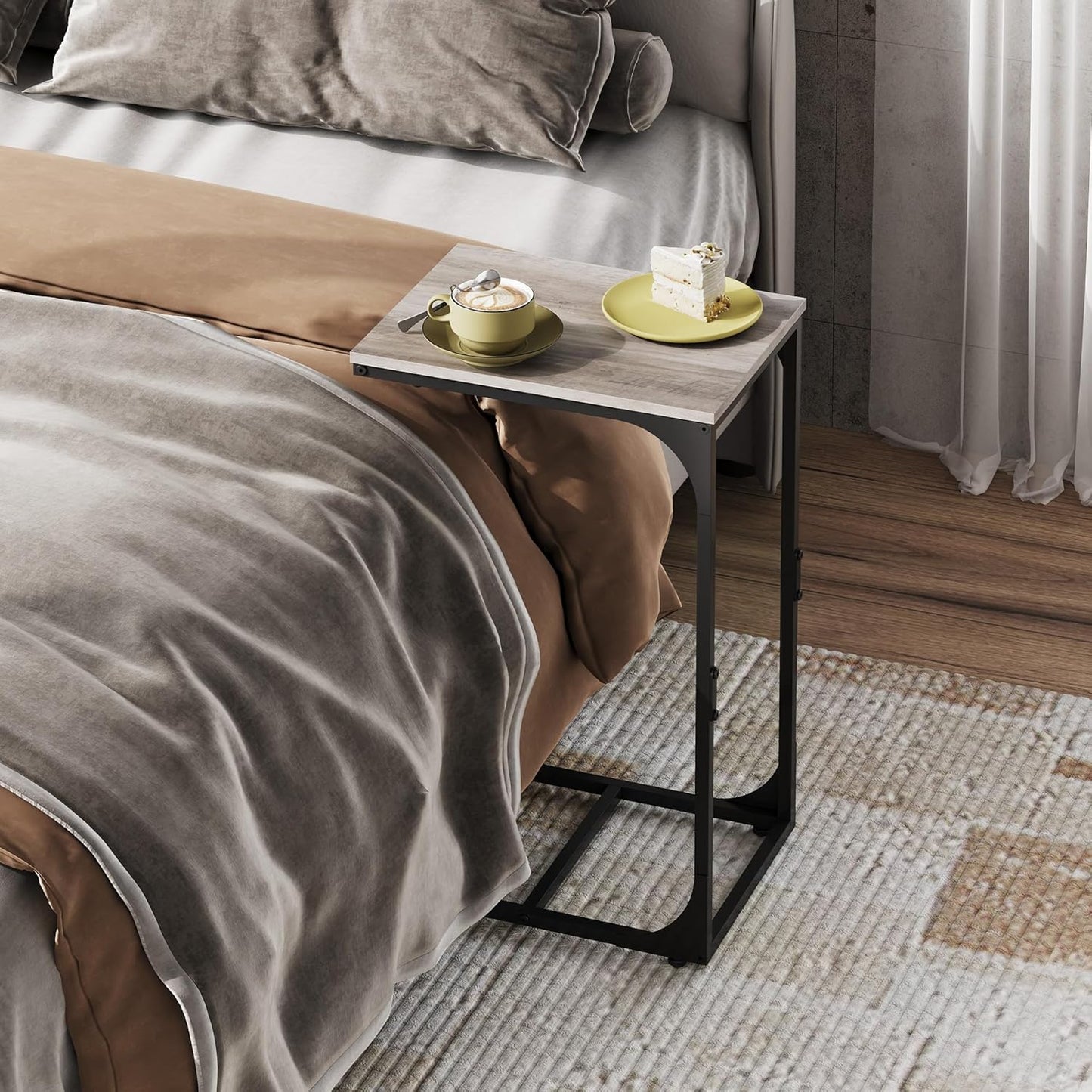 WLIVE C Shaped End Table, Small Couch Side Tables with Metal Frame, Sofa Table TV Tray for Living Room, Bedroom, Greige