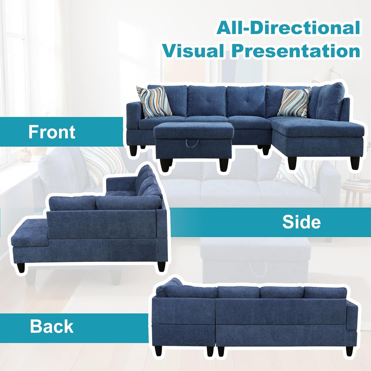 Couches for Living Room Modern L Shaped Couch Comfy Linen Fabric 3 Pieces Sectional Sofa with Chaise, Ottoman with Storage for Office and Small Apartment, Blue