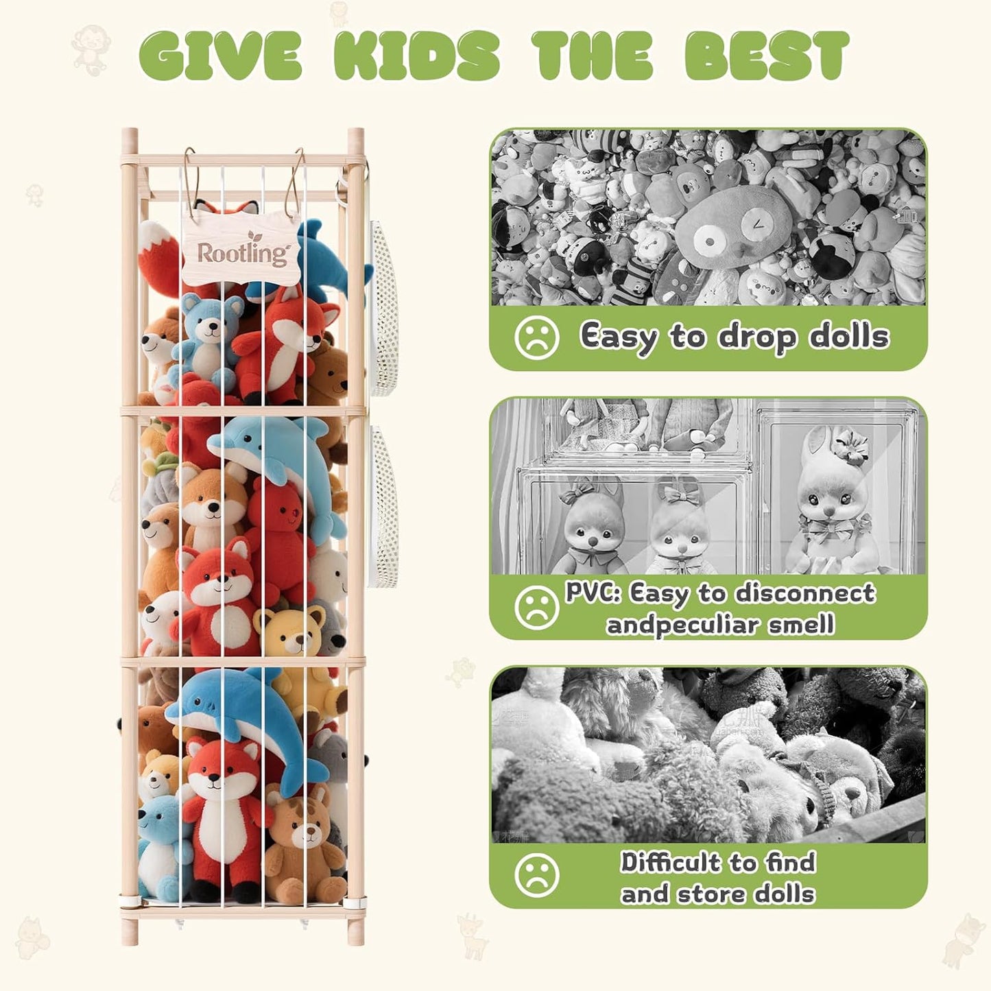 Stuffed Animal Storage & Organizer, 54 inch Tall Wooden Cute Zoo Toy Holder w/Building Block Storage Bag, Premium Wooden Material with Elastic Cord For Toddler Rooms, Playrooms & Bedrooms