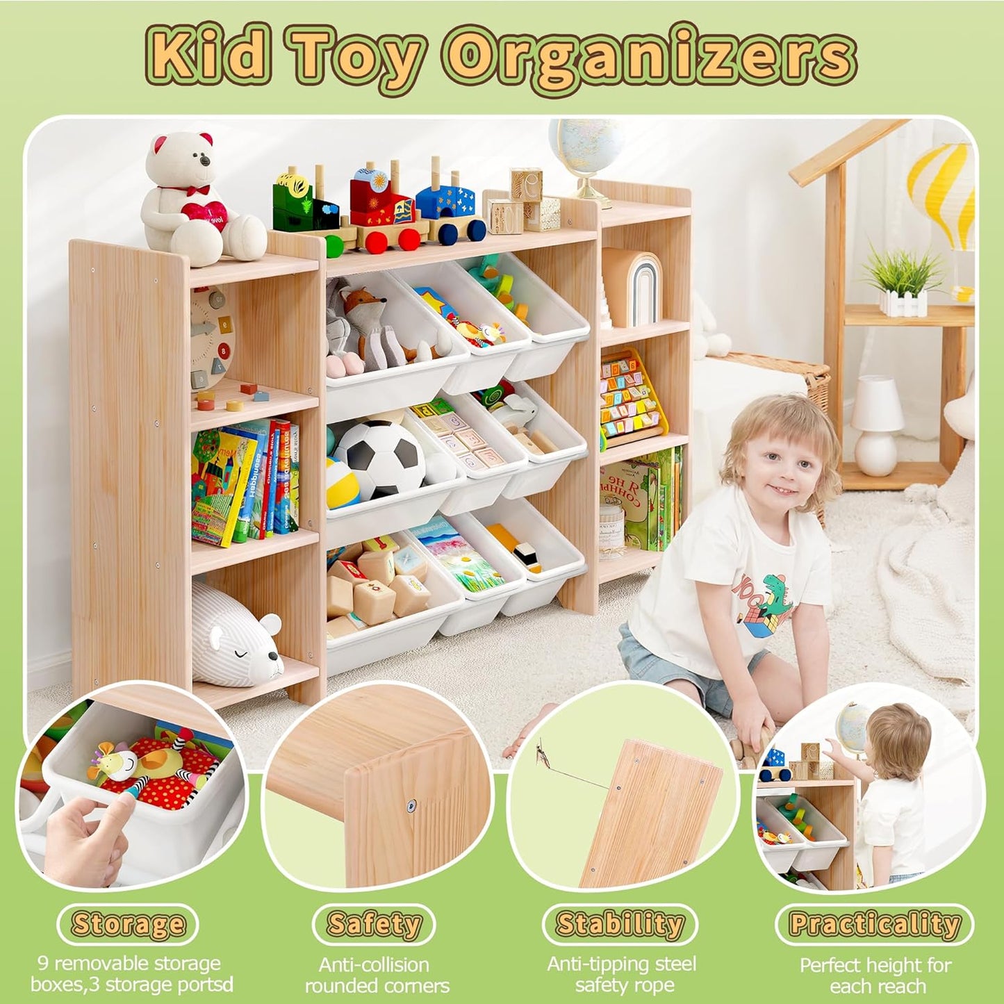 MallBest 4-Tier Kids' Toy Storage Organizer Shelf - 100% Solid Wood,Extra Wide Children's Storage Cabinet with 9 Plastic Bins and 6 Storage Ports