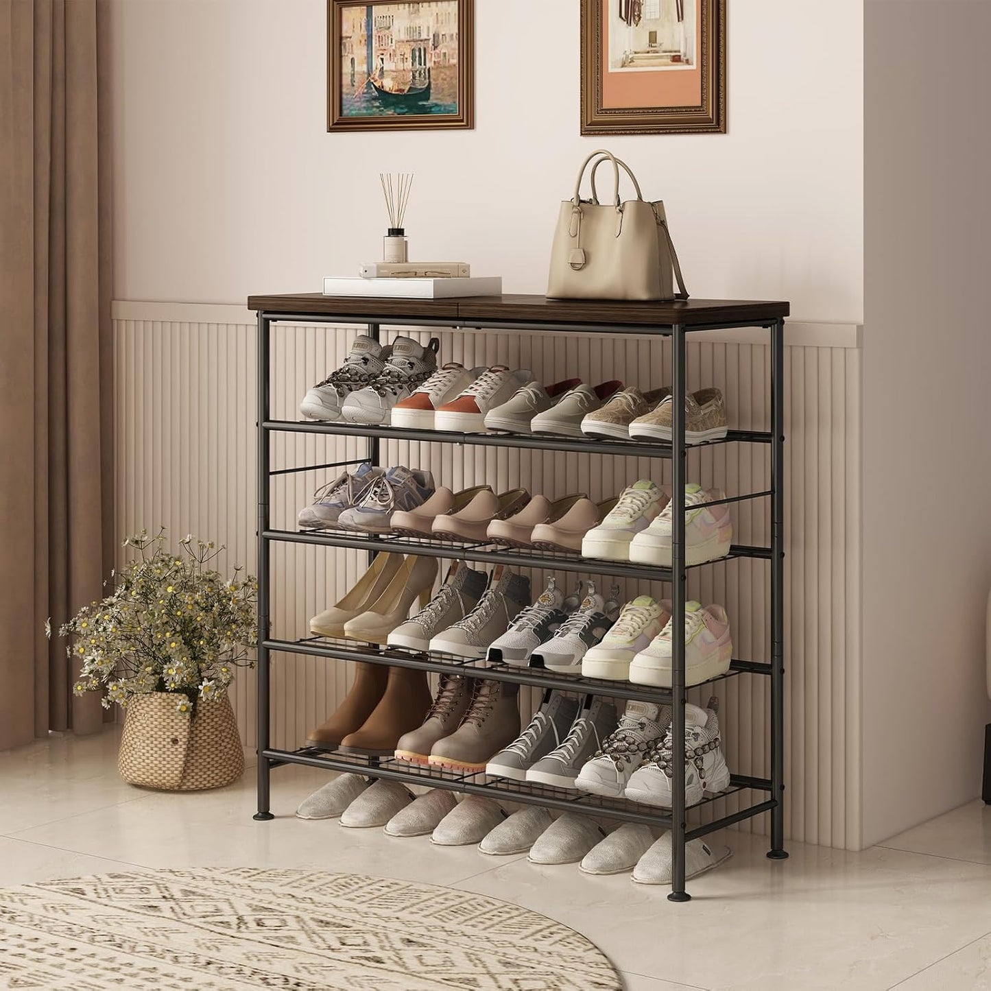 Shoe Rack Organizer 5 Tier for Closet Entryway Free Standing Metal Storage Shoe Shelf with MDF Top Board,Black+Rustic Brown