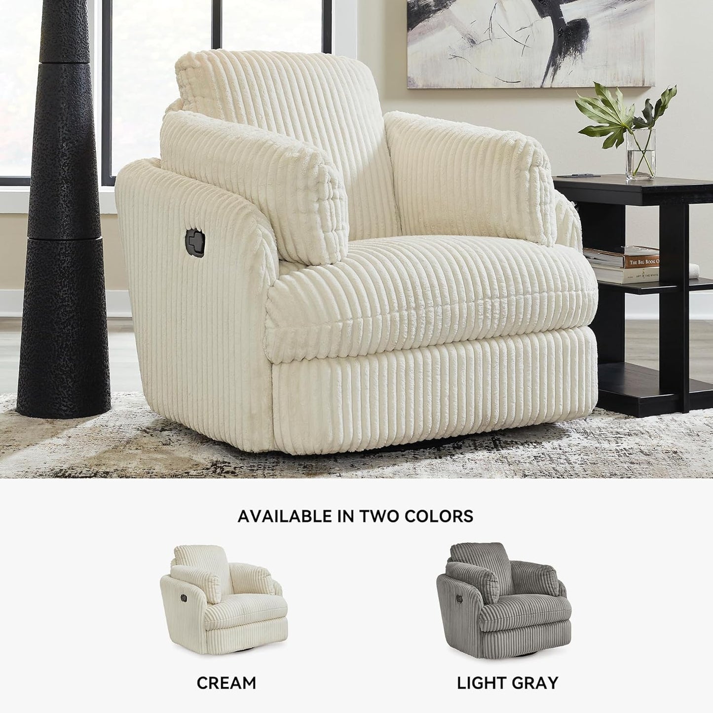 Signature Design by Ashley Tie-Breaker Contemporary Manual Press-Back Swivel Glider Rocker Recliner with 2 Bolster Pillows and Hidden Storage, White