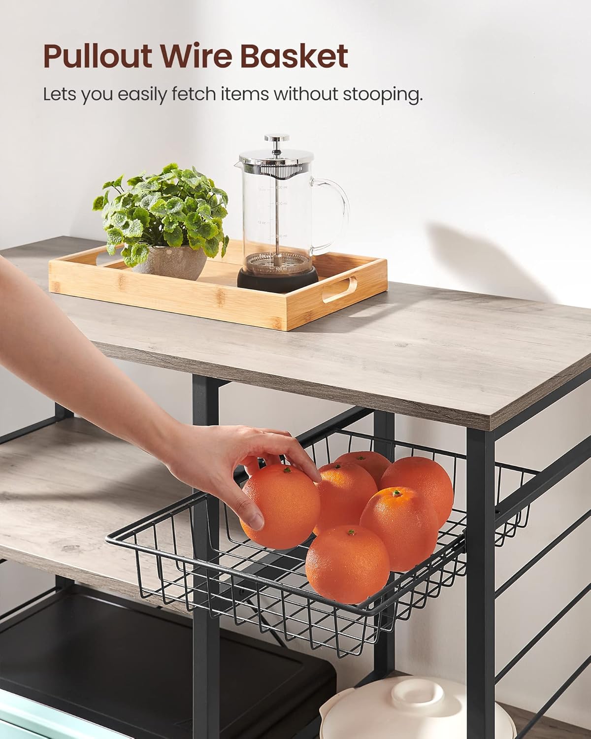 VASAGLE ALINRU Kitchen Baker’s Rack, Coffee Bar, Microwave Oven Stand, with Steel Frame, Wire Basket, 6 Hooks, for Mini Oven, Spices Utensils, Industrial, Greige and Black UKKS090B02