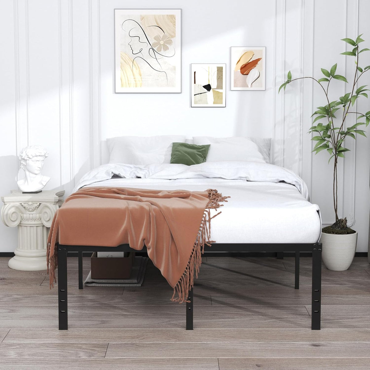 EMODA 20 Inch Tall Full Size Bed Frame with Large Storage Space, Easy Assembly Heavy Duty Metal Platform No Box Spring Needed, Noise Free, Black