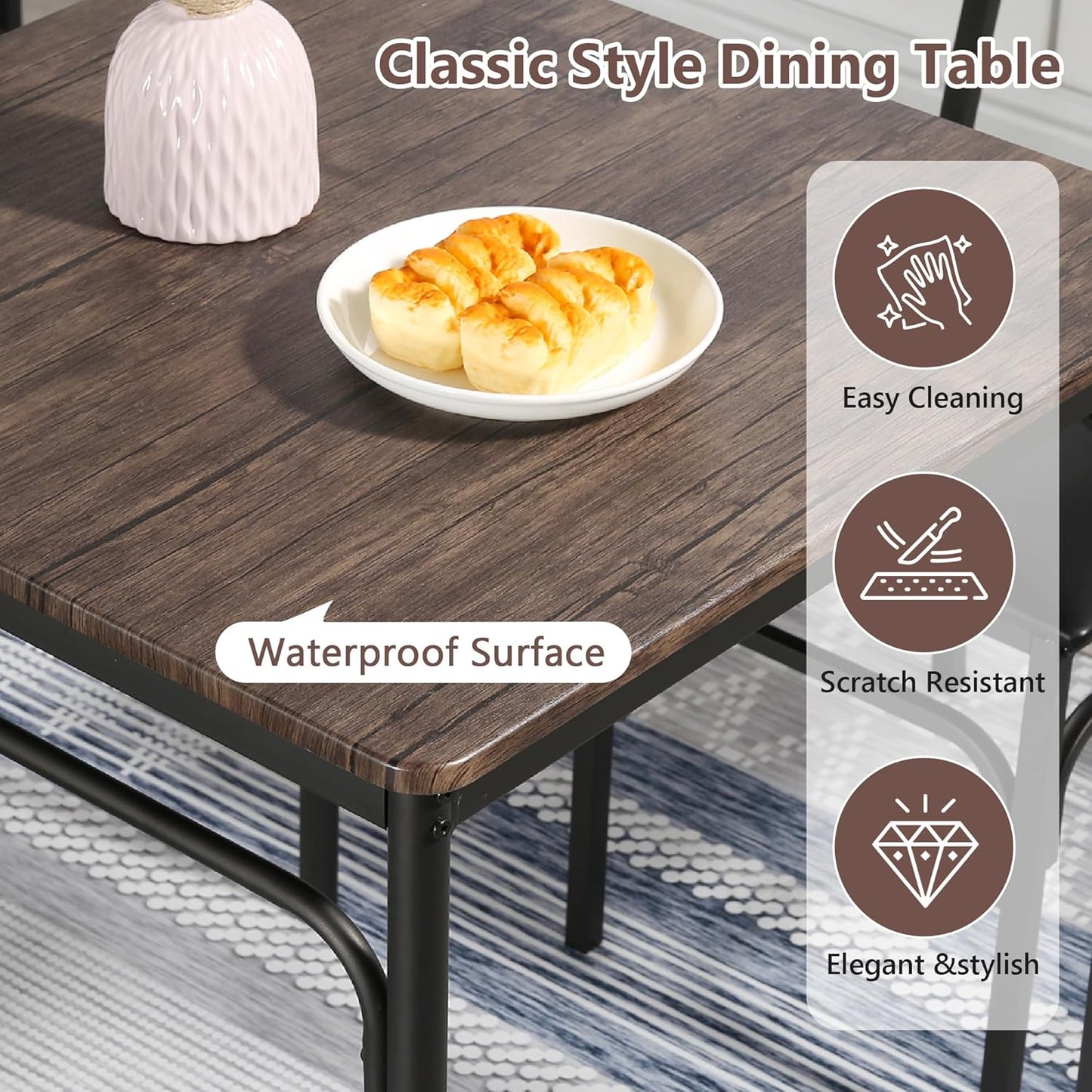 VECELO Kitchen Dining Table Set with Upholstered Bench & 2 Chairs | Space-Saving Compact Design | Perfect for Small Apartments, Breakfast Nooks