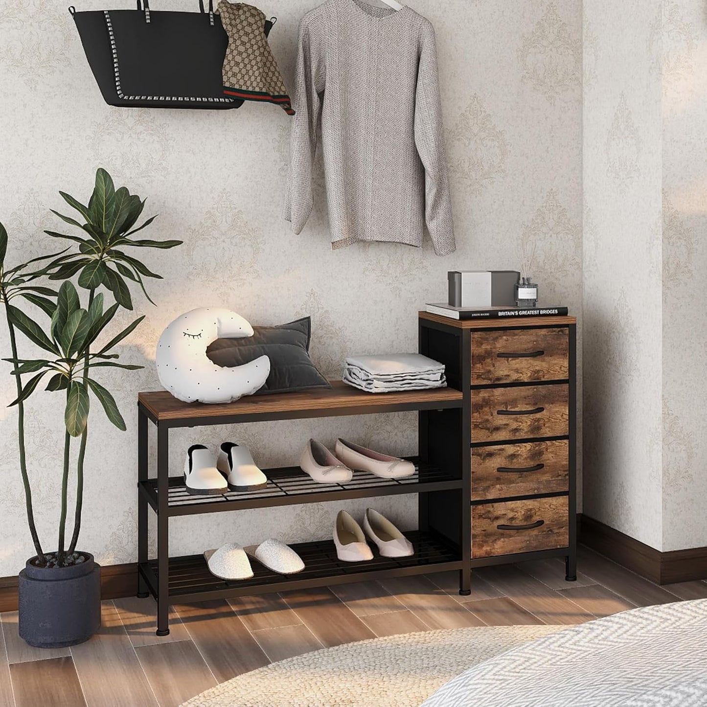 EXOTICA 3-Tier Shoe Storage Bench Industrial Entryway Shoe Rack with 4 Drawers and Seating Shoe Shelf Storage Cabinet for Hallway Front Door Doorway Living Room Mudroom Steel Frame