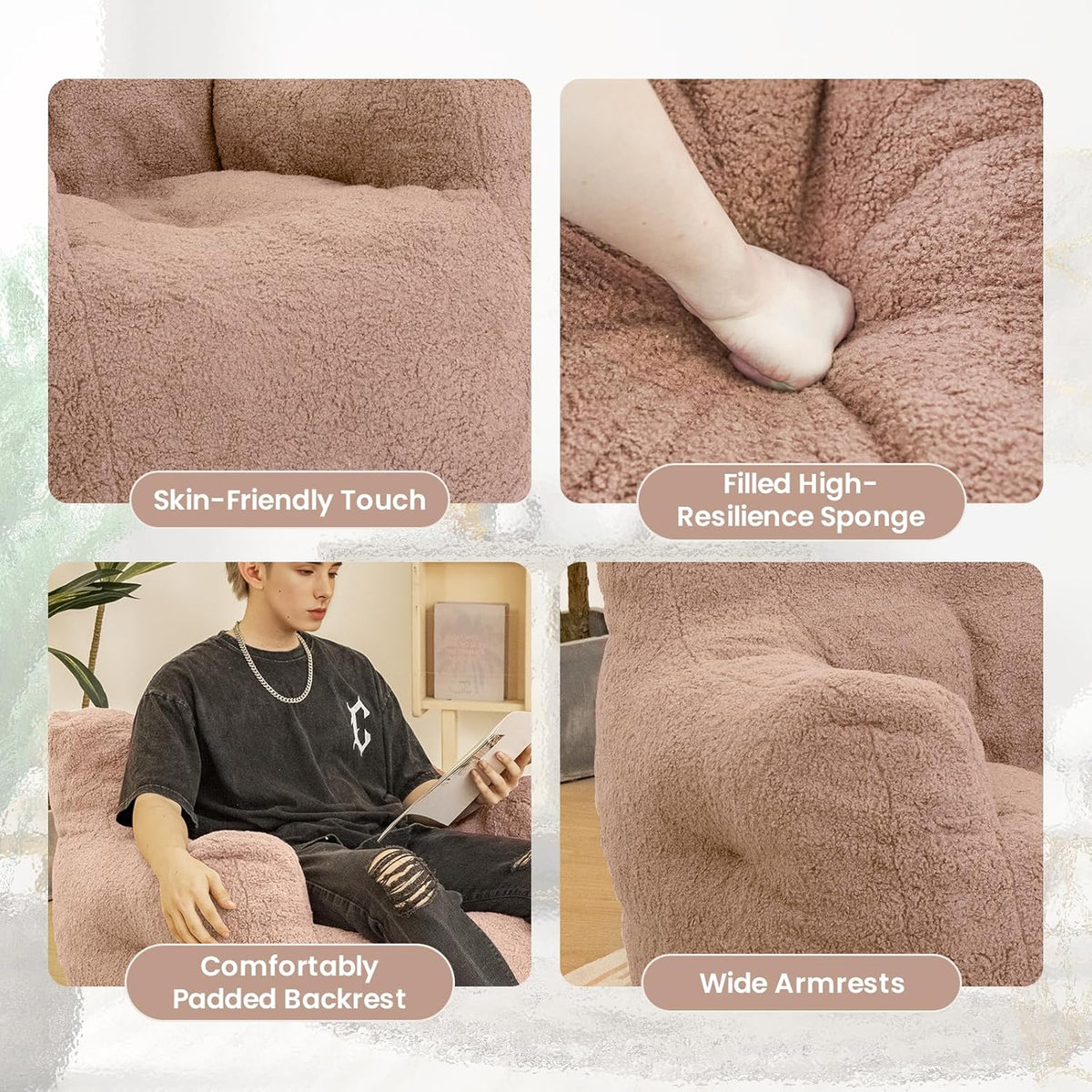 Bean Bag Chair with Filler, Bean Bag Sofa with Tufted Soft Stuffed Filling, Fluffy and Lazy Sofa, Comfy Cozy BeanBag Chairs with Memory Foam for Dorm, Apartment, Living Room (Pink)