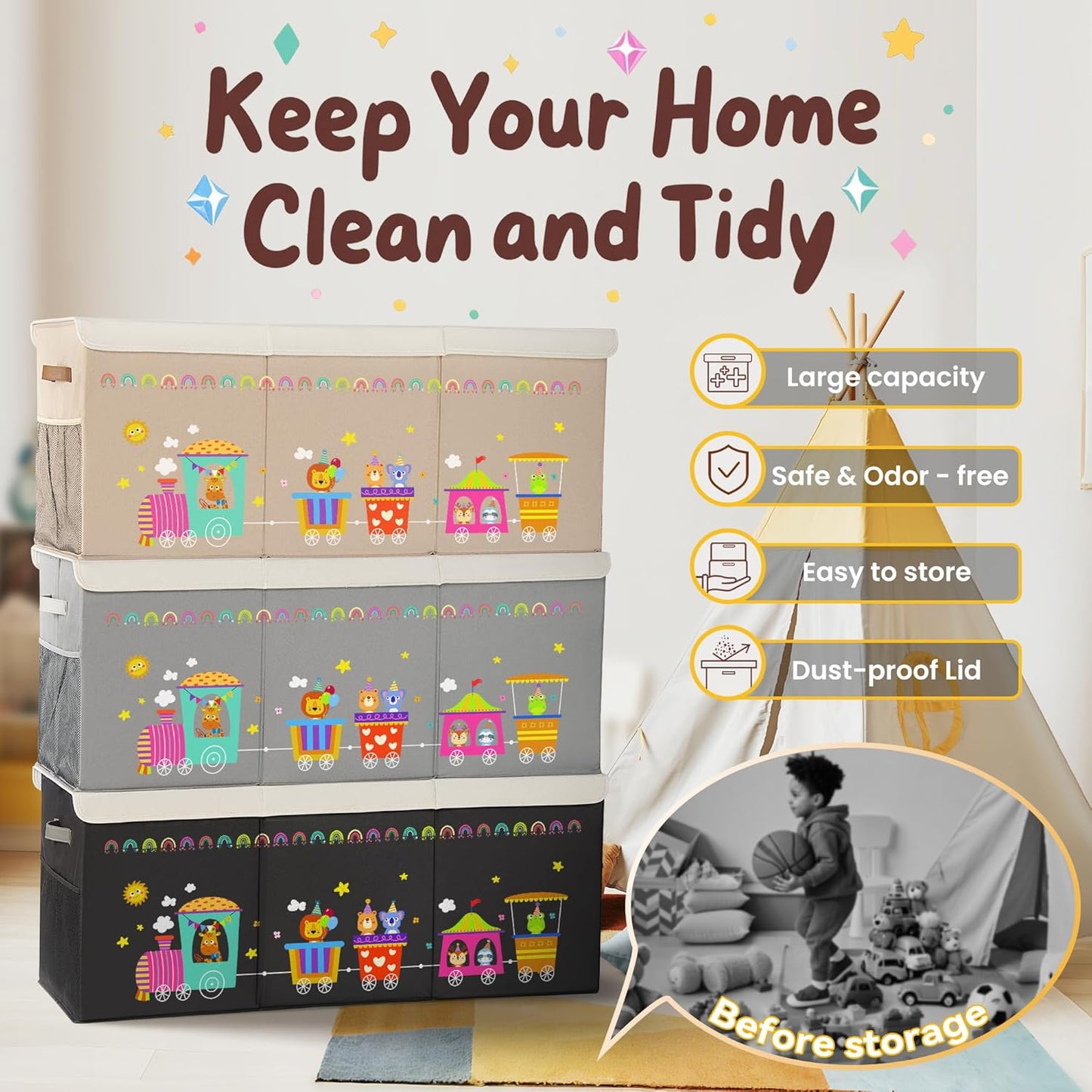 120L Large Toy Storage Box with Lid, Extra Large Toy Box Chest, Large Toy Box for Kids, Girls and Boys, Nursery Room and Living Room, 40"x13" x16"(grey-train)