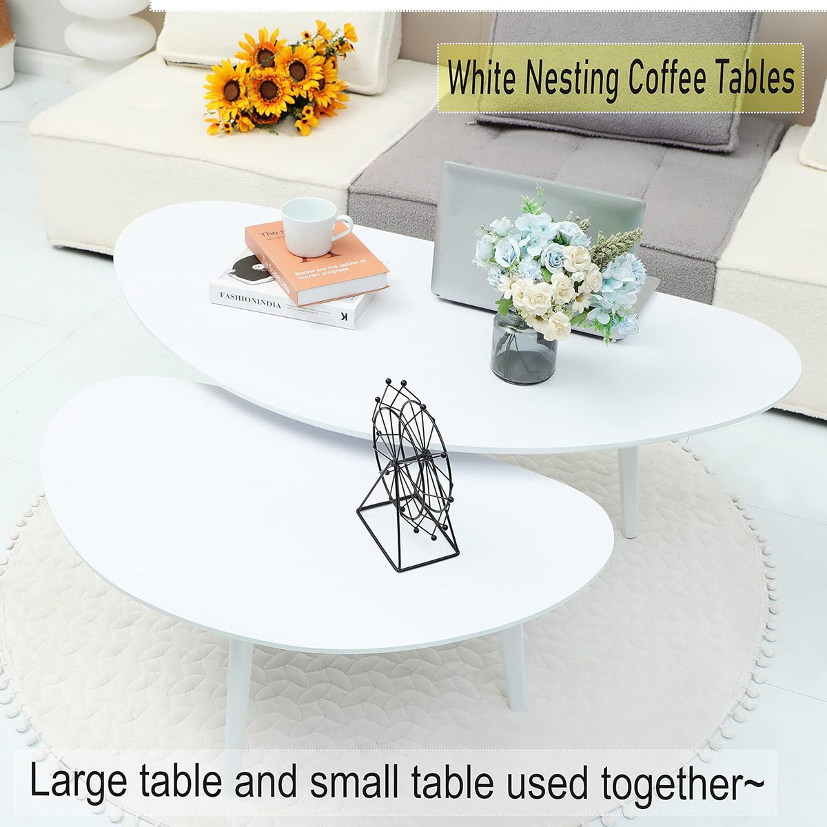 FIRMINANA Mid Century Modern Coffee Table,Large Oval White Coffee Table for Living Room,for Small Spaces,White-47.3" W x 23.63" D x 17.72" H