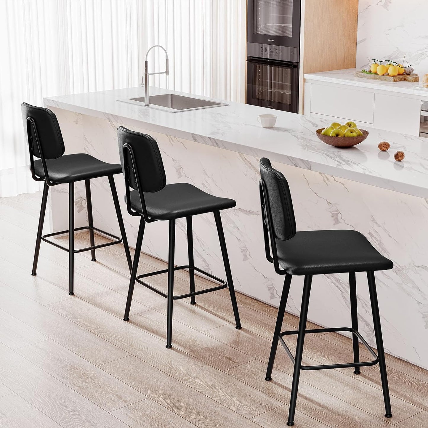 24-Inch Leather Bar Stools Set of 3, Counter Height Barstools with High Backrest,Bar Chairs for Kitchen Island with Heavy Duty Metal Legs, Black