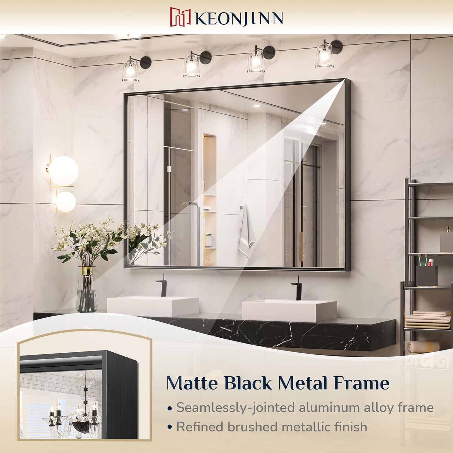 Keonjinn Black Bathroom Mirror 48” x 40” Wall Mirror for Bathroom Vanity Large Metal Frame Rectangle Mirror for Over Sink Rectangular Farmhouse Square Corner Framed Mirror(Horizontal/Vertical)