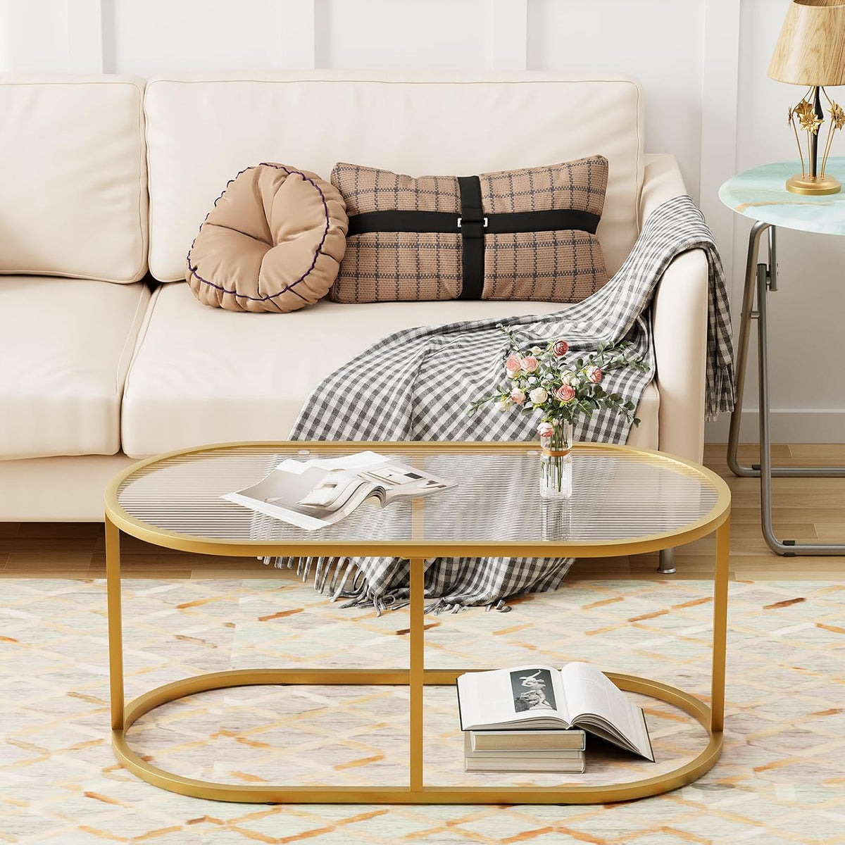 Coffee Table Gold Glass Coffee Table for Living Room, Oval Table Center Table with Ribbed Glass Top and Sturdy Metal Frame,Modern Glass Accent Tables for Bedroom Home Office