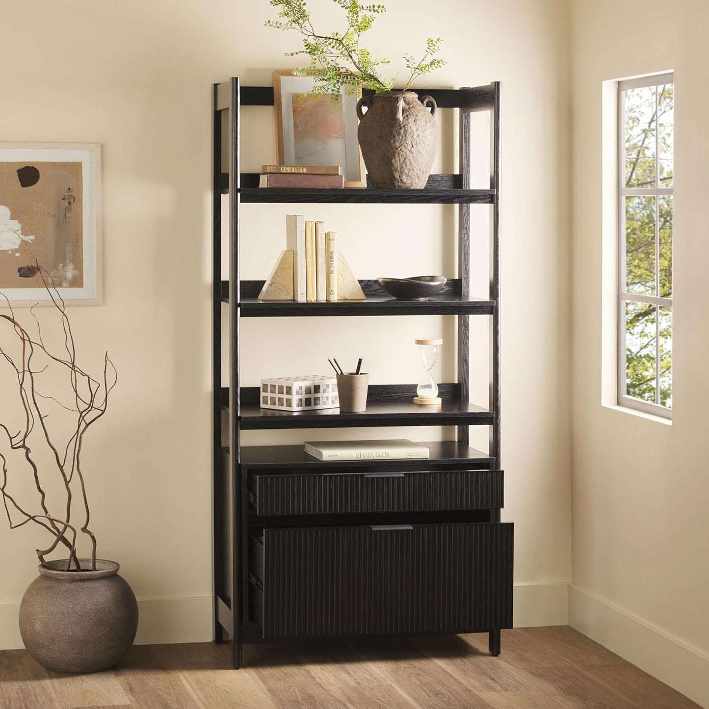 Walker Edison Transitional Open Reeded 4-Shelf Bookshelf with Drawers Versatile Bookcase with Bottom Storage for Home Office, Living Room, Bedroom, 33 Inch, Black