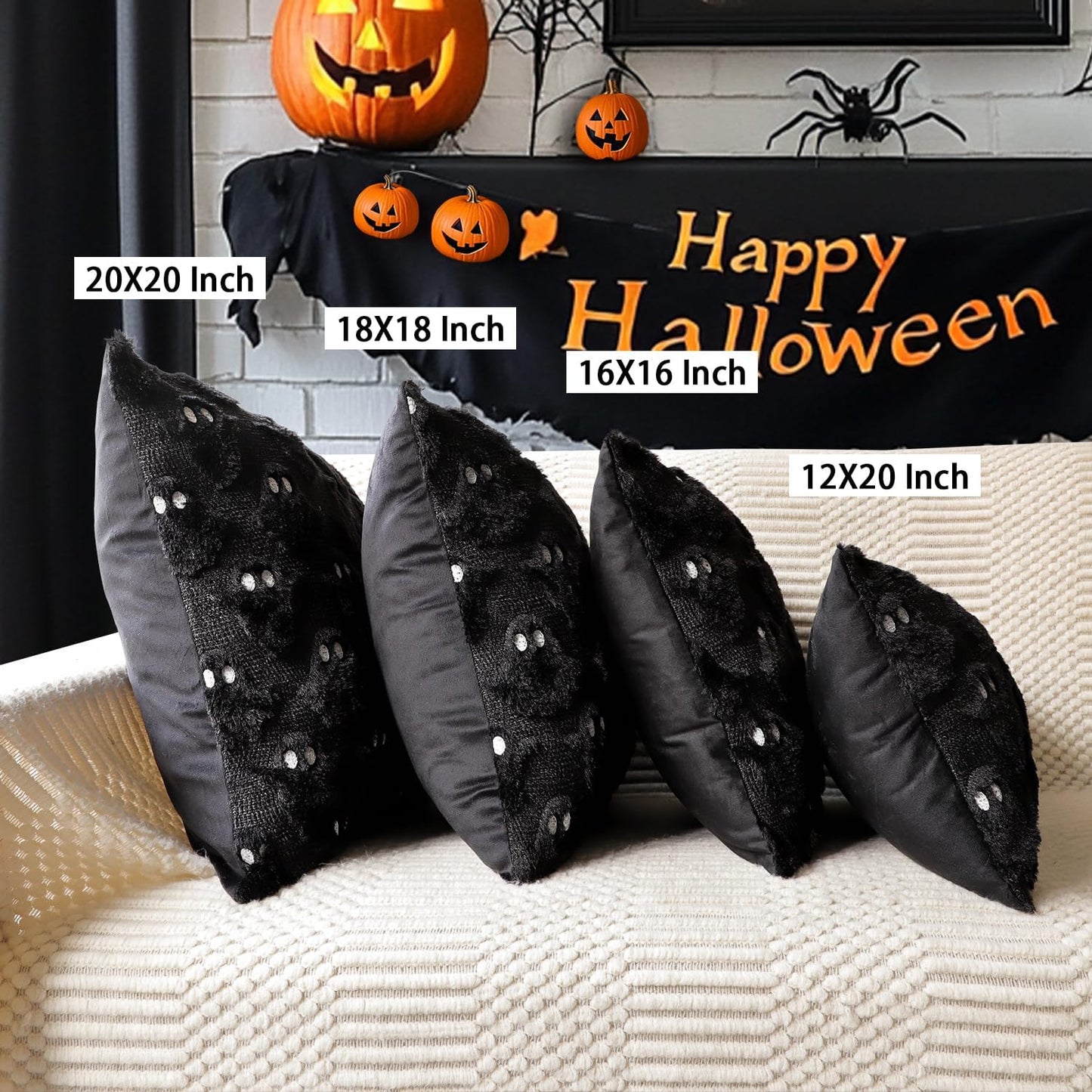4TH Emotion Halloween Ghost Decorative Lumbar Pillow Covers 12x20 Set of 2, Black Soft Plush Faux Fur Farmhouse Throw Cushion Cases for Fall Autumn Holiday Home Decorations