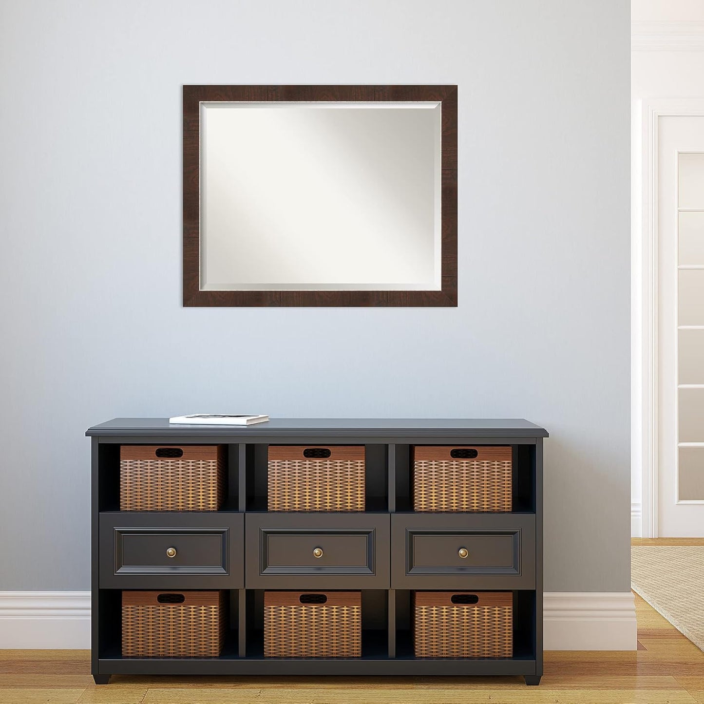 Amanti Art Brown Wall Mirror 25x31 Wildwood Brown Narrow Rectangle Bathroom Mirror for Wall Decor Living Room, Large Rustic Farmhouse Frame, Hangs Horizonally and Vertically, Bathroom Decor, Beveled