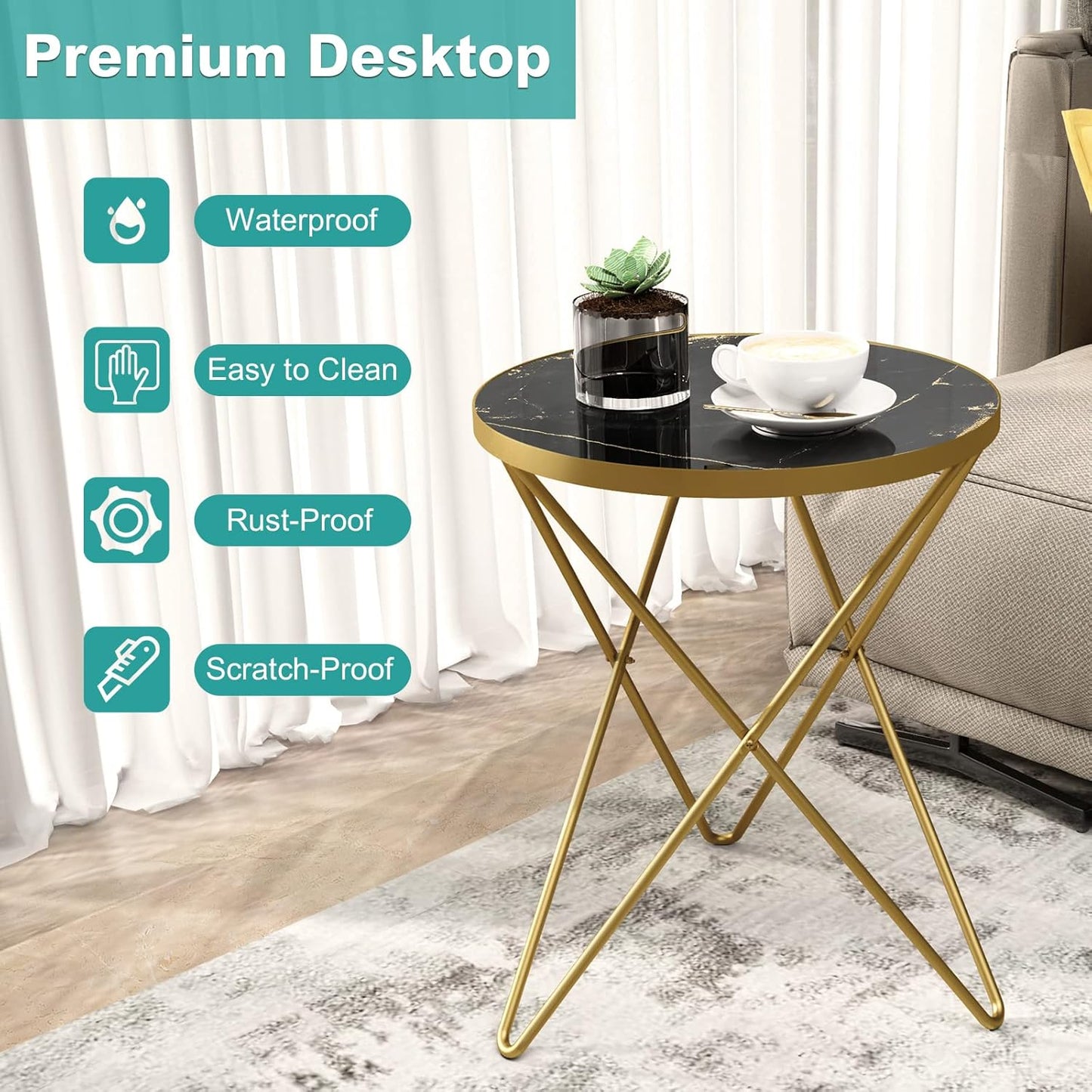 HLR Modern Round Side Table, End Table with Marble Effect Top and Gold Metal Frame, Small Side Table for Living Room, Bedroom, Sofa and Couch, Gold Legs, Black Marble top