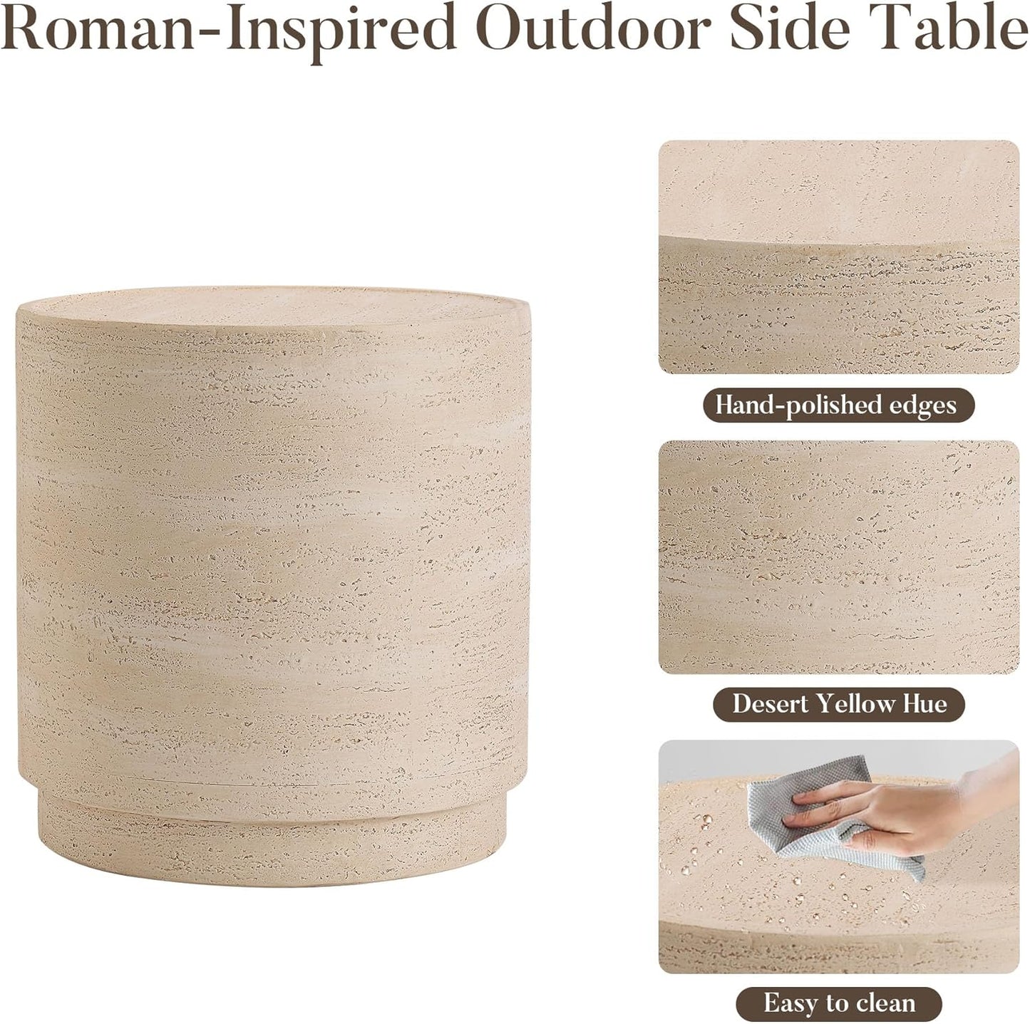 COSIEST 14.4" Outdoor Side Table, Round Concrete End Table for Patio Small Outdoor Coffe Tables, Garden Stool Accent Table for Livingroom, Porch, Deck, Balcony & Beach,Sandy Yellow
