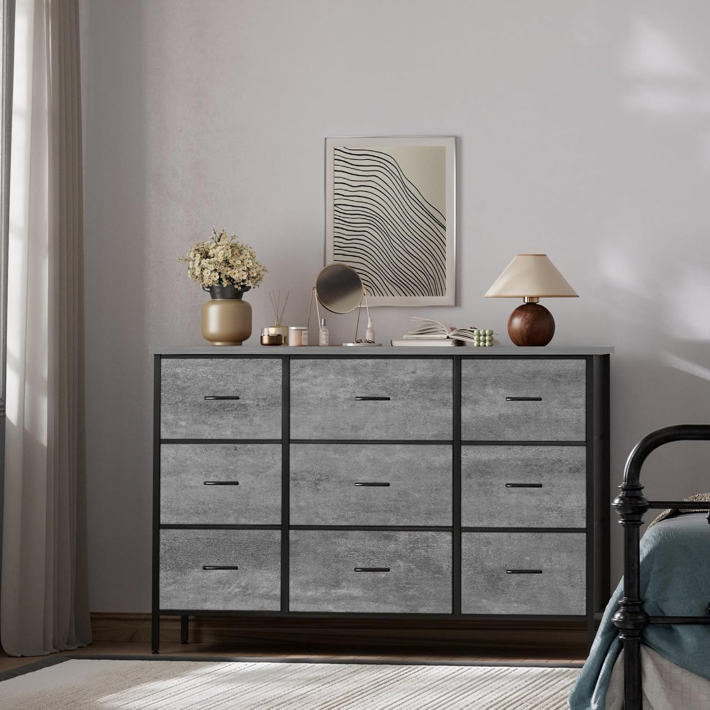 Dresser for Bedroom with 9 Deep Drawers, Wide TV Stand Modern TV Console, Fabric Storage Cabinet, Chest of Drawers for Closet, Nursery (Gray)