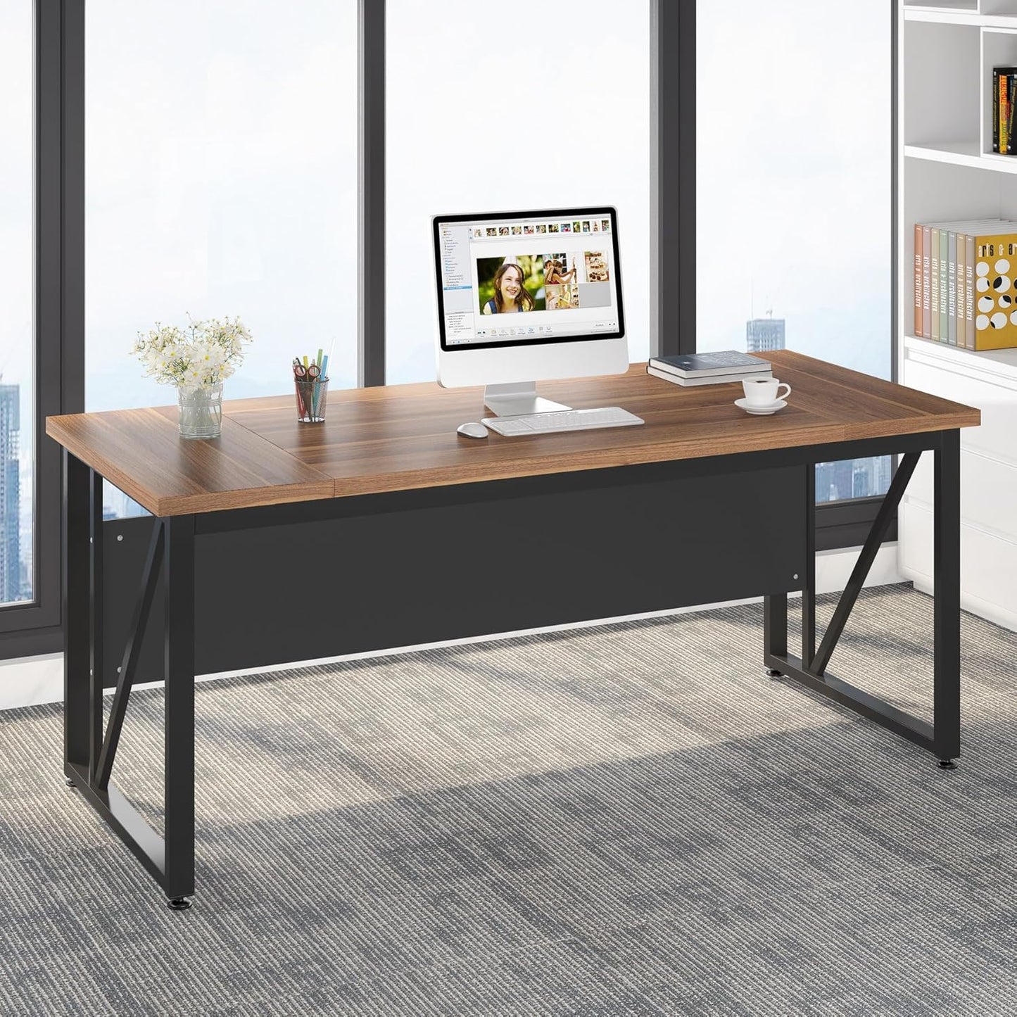 Tribesigns 63-Inch Executive Desk with 47-Inch Mobile File Cabinet, Large Home Office Desk with Drawers and Storage Shelves, L-Shaped Computer Desk Workstation Business Furniture, Walnut & Gray