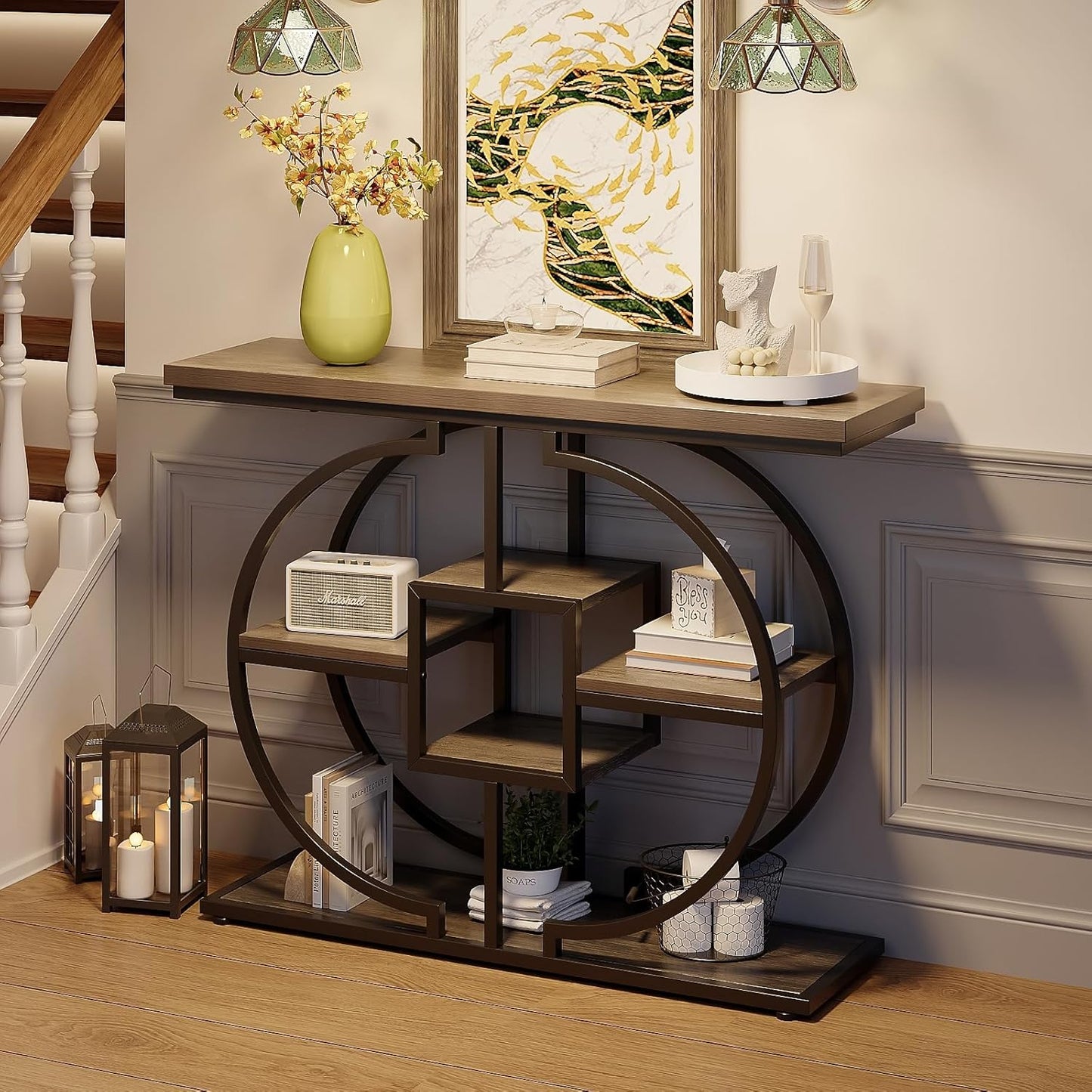 GiftGo Narrow Console Table for Entryway Industrial 4-Tier Sofa Table Behind Couch with Circle Base Rustic Wooden Accent Tables with Storage Shelves for Living Room, Hallway, Foyer (Grey)
