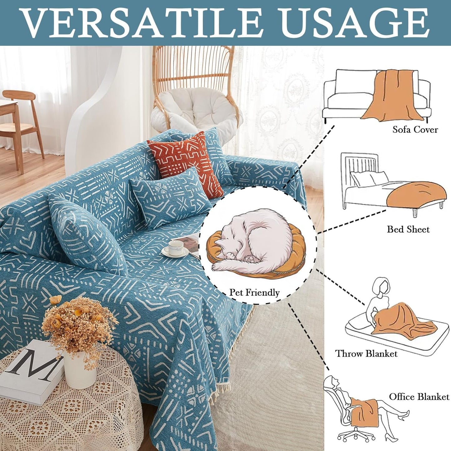 HANDONTIME Turquoise Couch Protector for Dogs Boho Tassel Blue Couch Cover Farmhouse Sofa Covers Aztec Tribal Couch Covers for 3 Cushion Couch Sofa Universal Sofa Slipcover for Home dรฉcor, 71" X118"