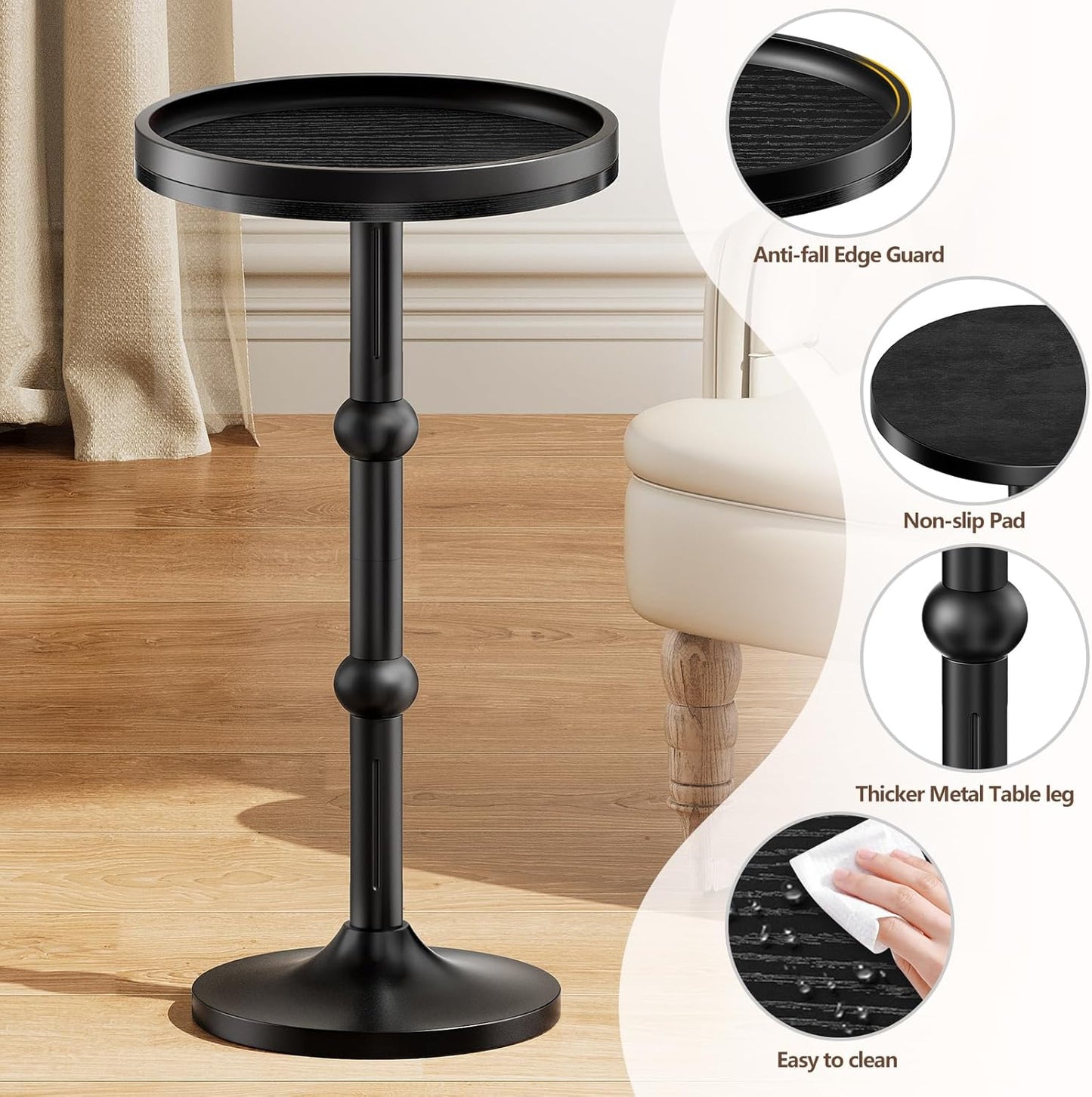 Small Round Side Table, Coffee Drink Table for Small Spaces, Modern Night Stand with Metal Leg, Weighted Iron Base Pedestal Round End Tables for Living Room, Bedroom, Narrow Corners,Sofa Couch