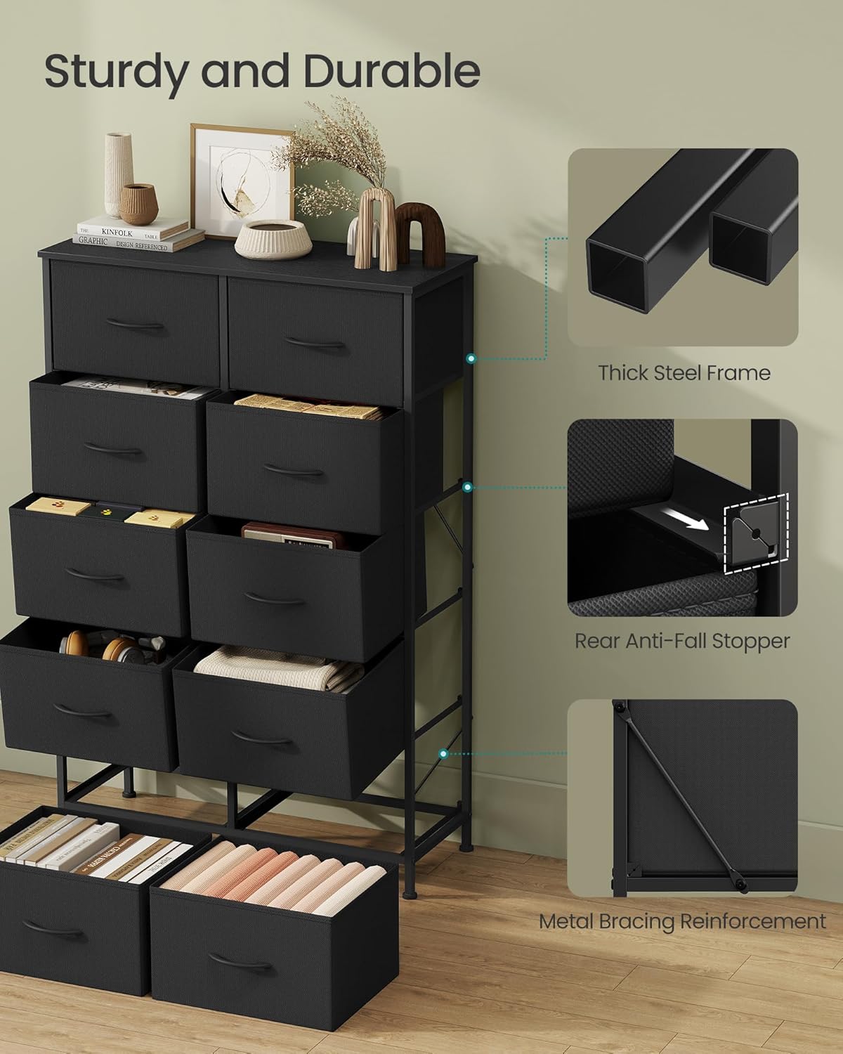 SONGMICS Dresser for Bedroom, Chest of Drawers, Steel, MDF, 10 Non-Woven Fabric Drawers, Storage Organizer Unit, Closet, Entryway, Rustic Brown and Ink Black ULGS125B01S