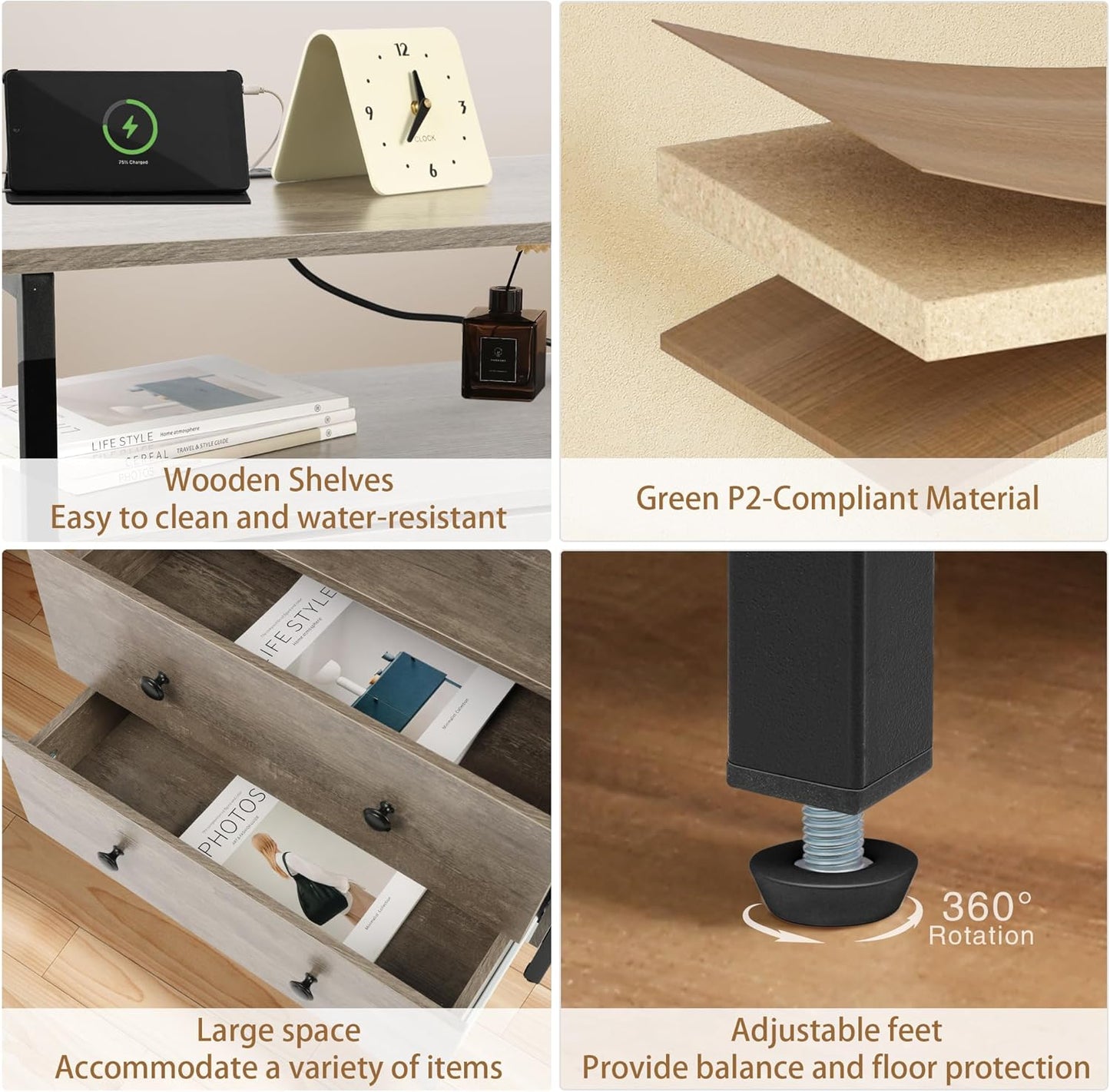 27 inch Wide Nightstand with Charging Station, Bedside Table with Open Shelf, 2 Drawers Small Wood Dresser, End Side Table for Bedroom (Rustic Gray)