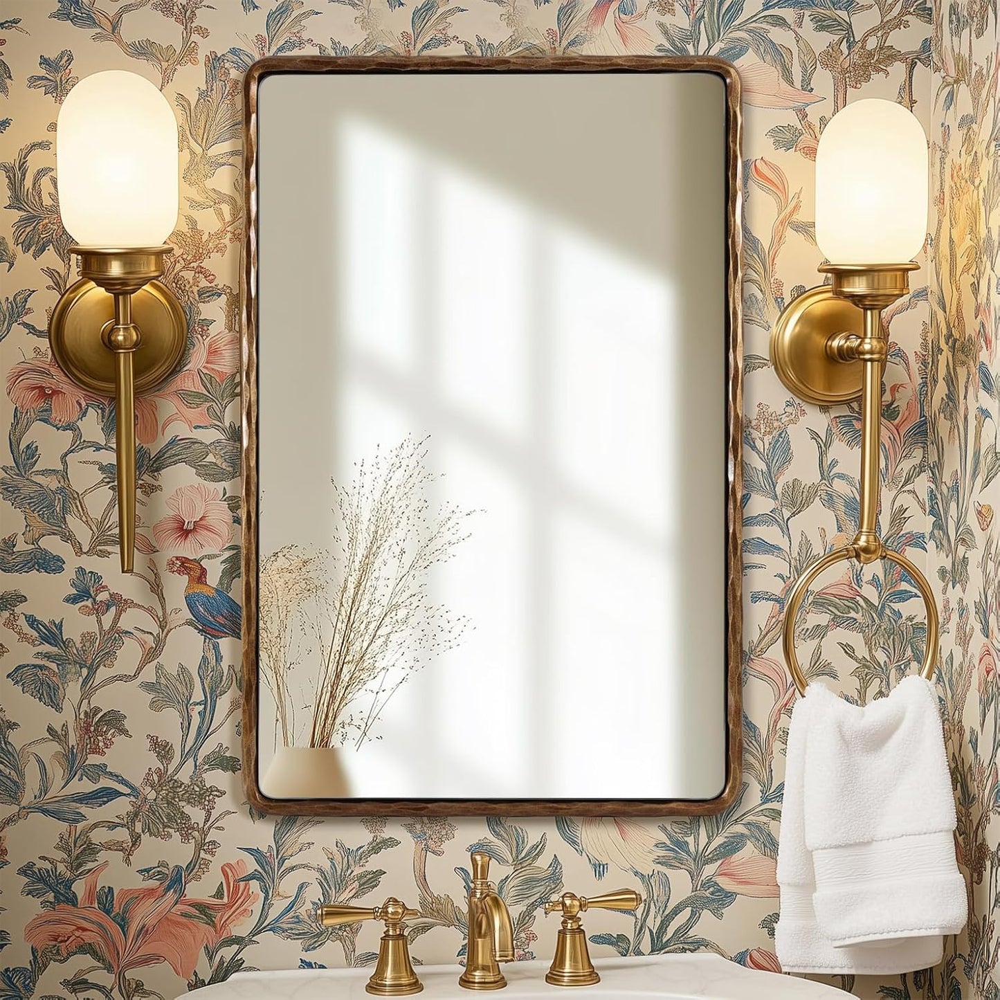 ANDY STAR Hand-Forged Gold Bathroom Mirrors for Wall, 30x40 Inch Vintage Solid Steel Metal Frame Bathroom Vanity Mirror, Antique Rounded Rectangle Wall Mirror, Hangs Horizontally or Vertically