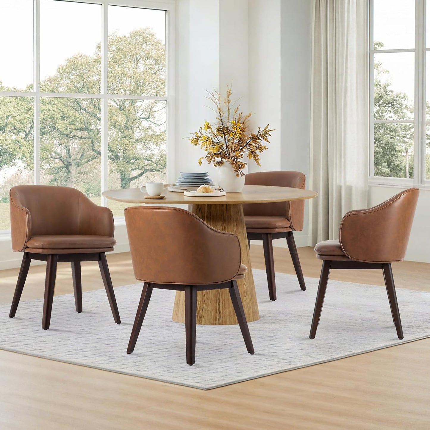 Wooden Dining Chairs Set of 2, Faux Leather Upholstered Modern Dining Room Chairs with Barrel Backrest & Double-Layer Thick Cushion for Living Room, Restaurant, Kitchen and Café, Brown