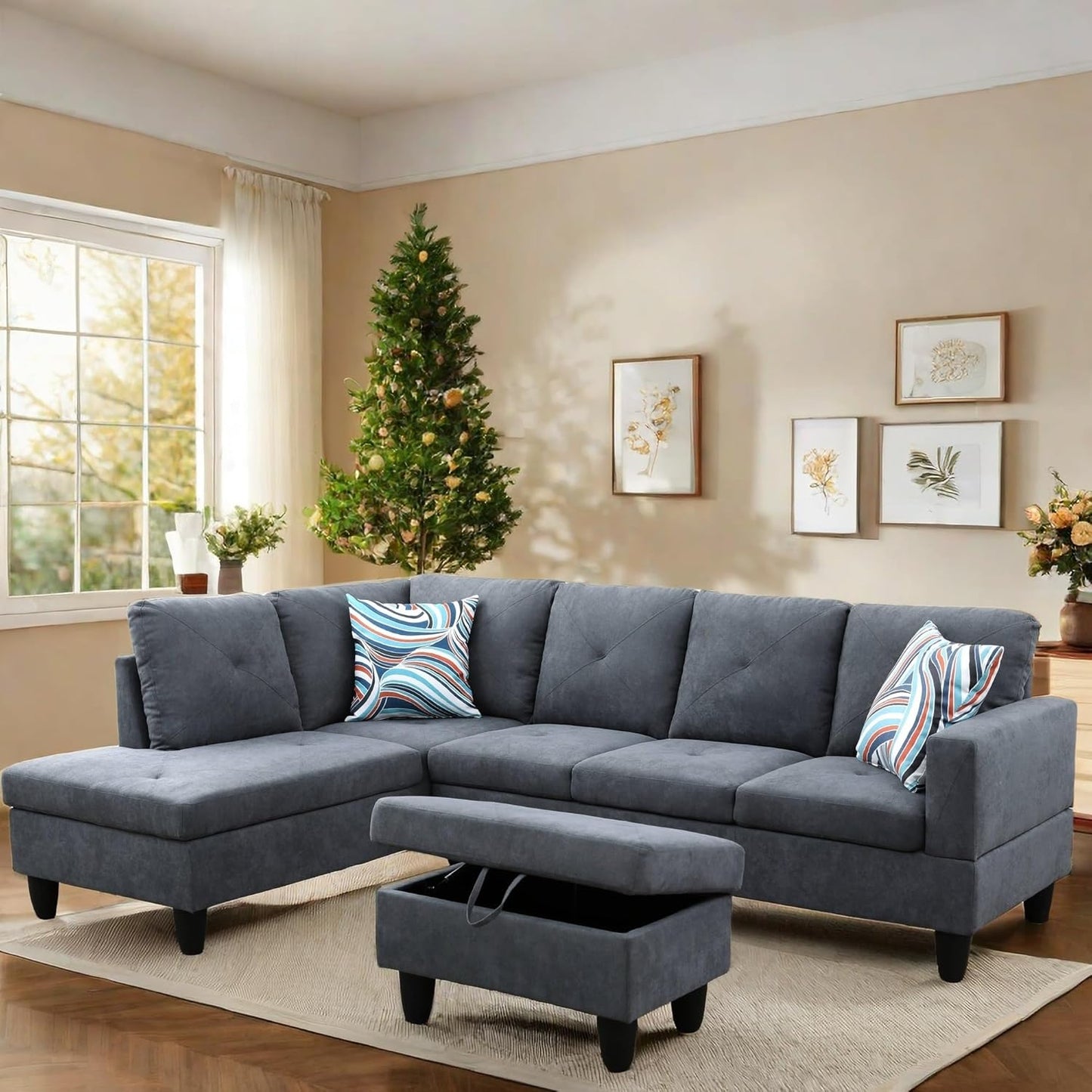 L Shaped Sectional Couch with Otttoman, 97" Sectional Sofa for Living Room Flannel Modular Couches with Cup Holders for Bedroom, Apartments, Dark Grey