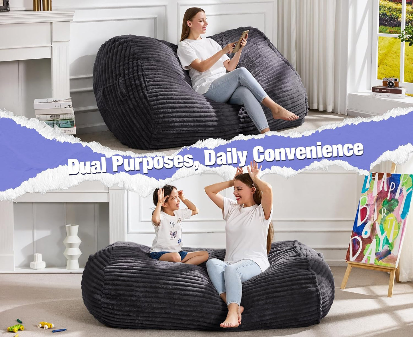 Hobestluk 5FT Bean Bag Chairs Adult Bean Bag with Portable Handle Comfy Large Bean Bag Lounge Chair with Removable Cover for Living Room Bedroom (Stripe Dark Grey, 5FT)