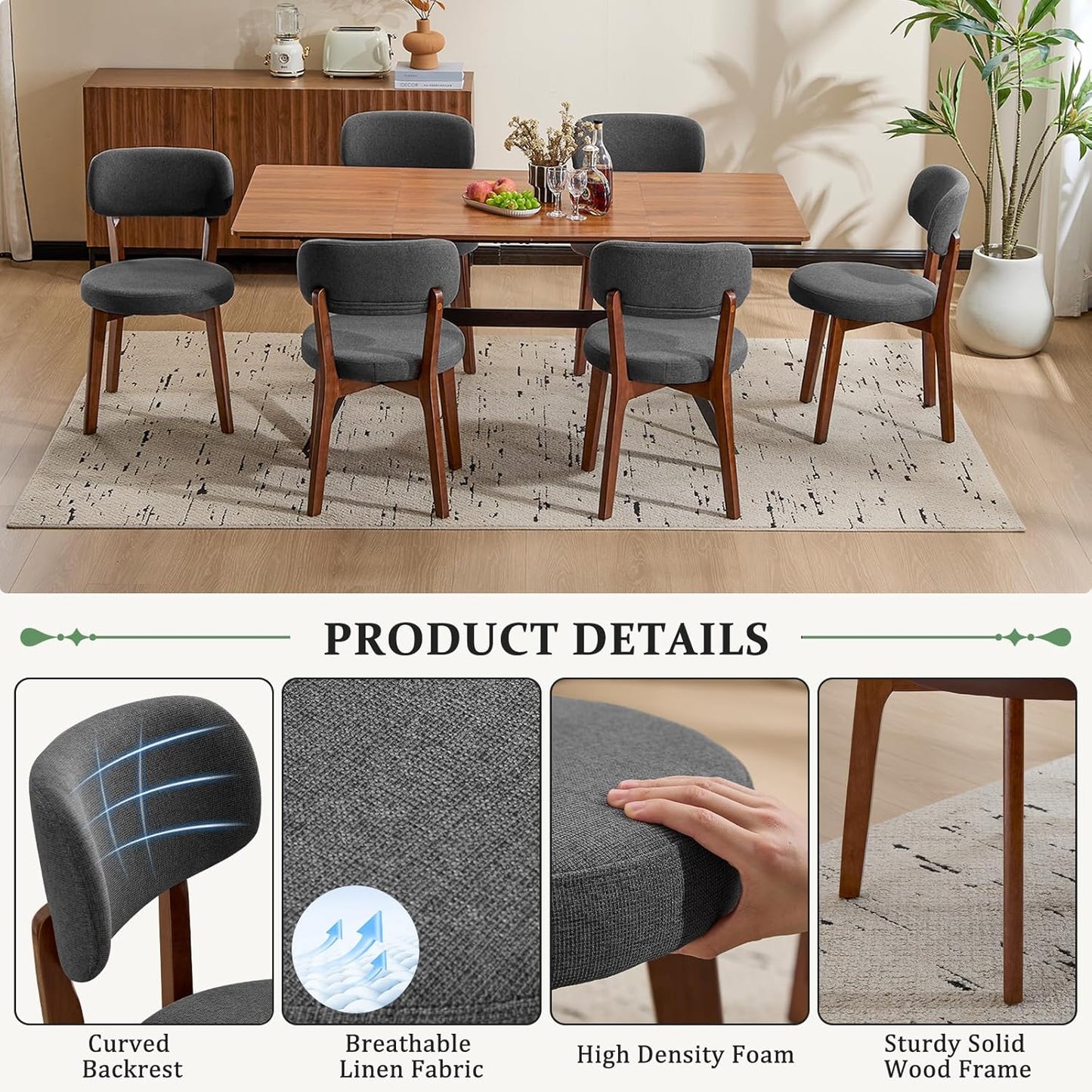 Furniliving Wooden Dining Chairs Set of 2, Mid-Century Modern Linen Upholstered Kitchen Chair with Solid Oak Wood, Farmhouse Dining Room Chairs, Grey