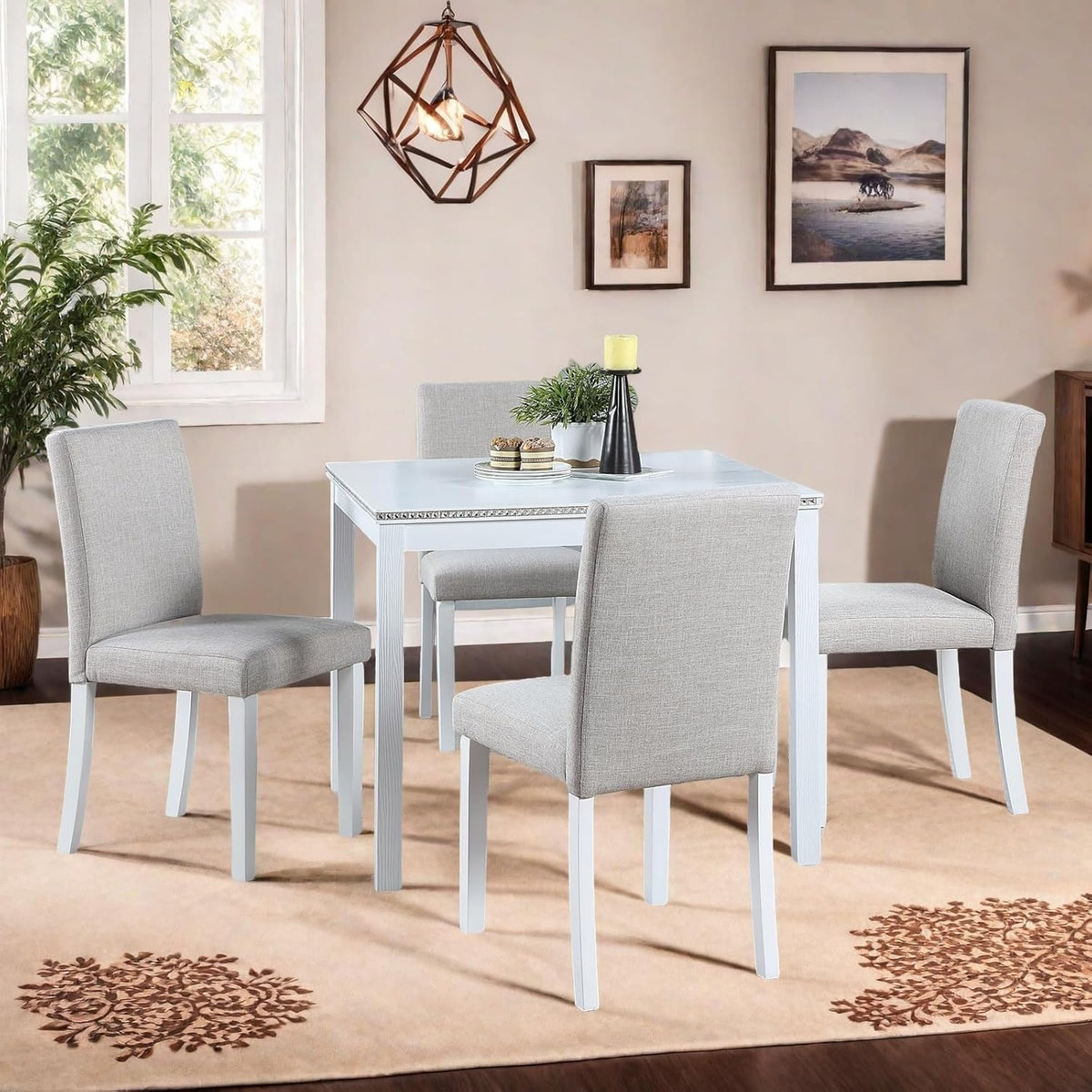 Dining Table Set for 4, 5-Piece Dining Room Table Set with Square Crystal Decoration Table & 4 Upholstered Backrest Chairs, Counter Height Kitchen Sets with Faux Wood Grain Design, White