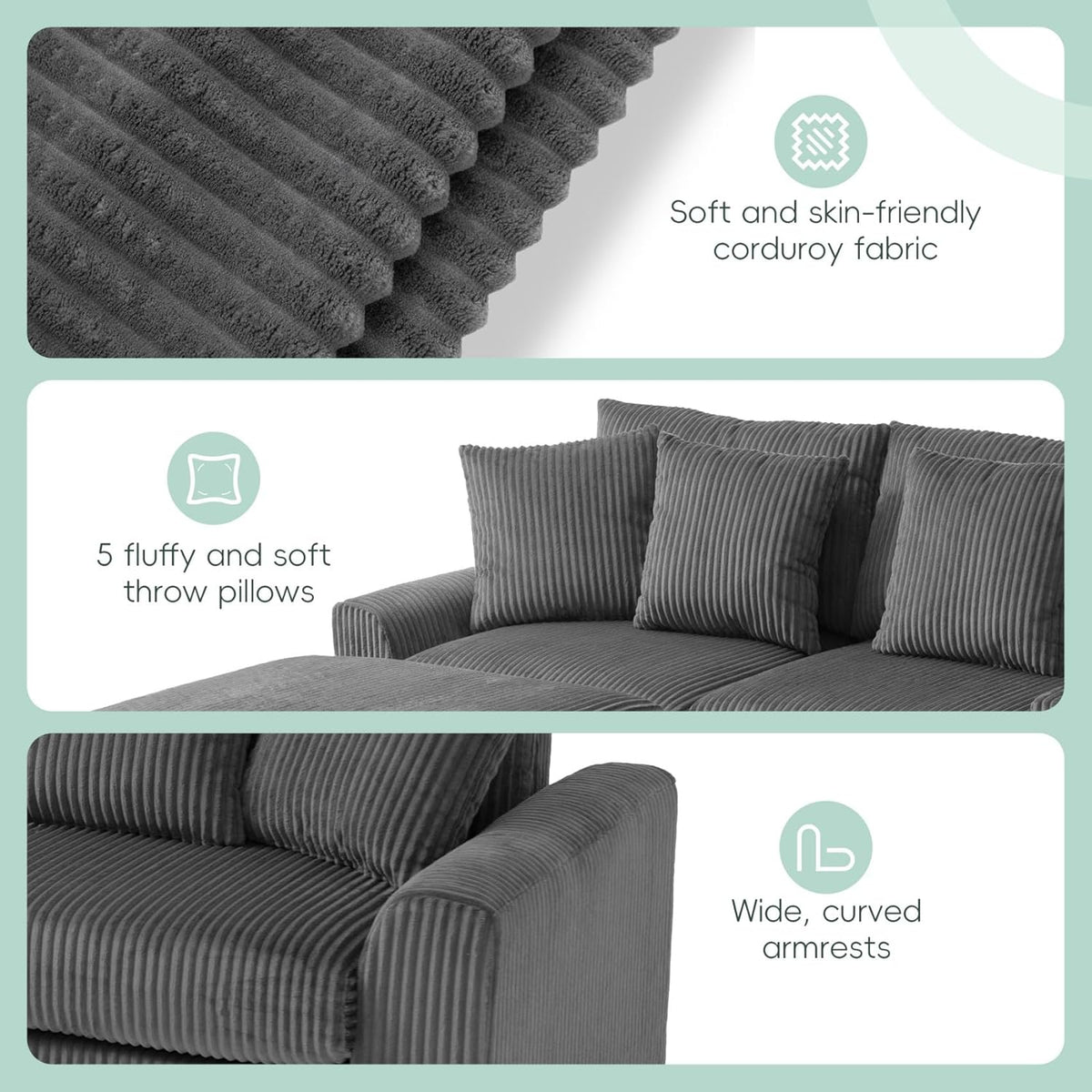 Merax 114 * 64" Corduroy Sectional Couches with Bluetooth Speakers, Storage, Ottoman & Pillows, Upholstered Modular Sofa Chaise with Console, USB Charger, Cup Holders for Living Room Apartment, Grey