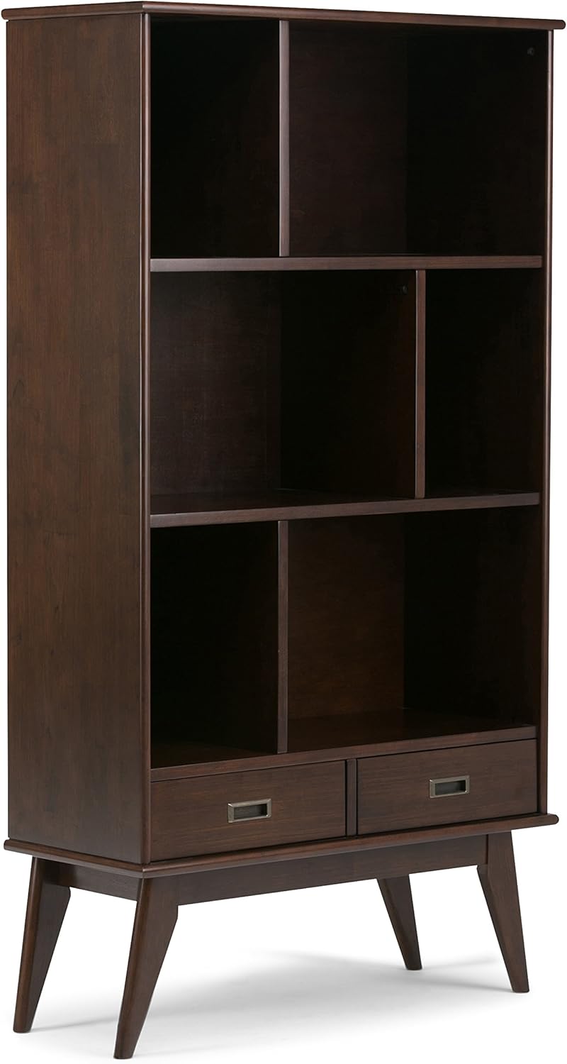 SIMPLIHOME Draper 35 inch Mid-Century Modern Bookcase and Storage Unit (Set of 2) in Medium Auburn Brown for The Living Room, Study Room and Office