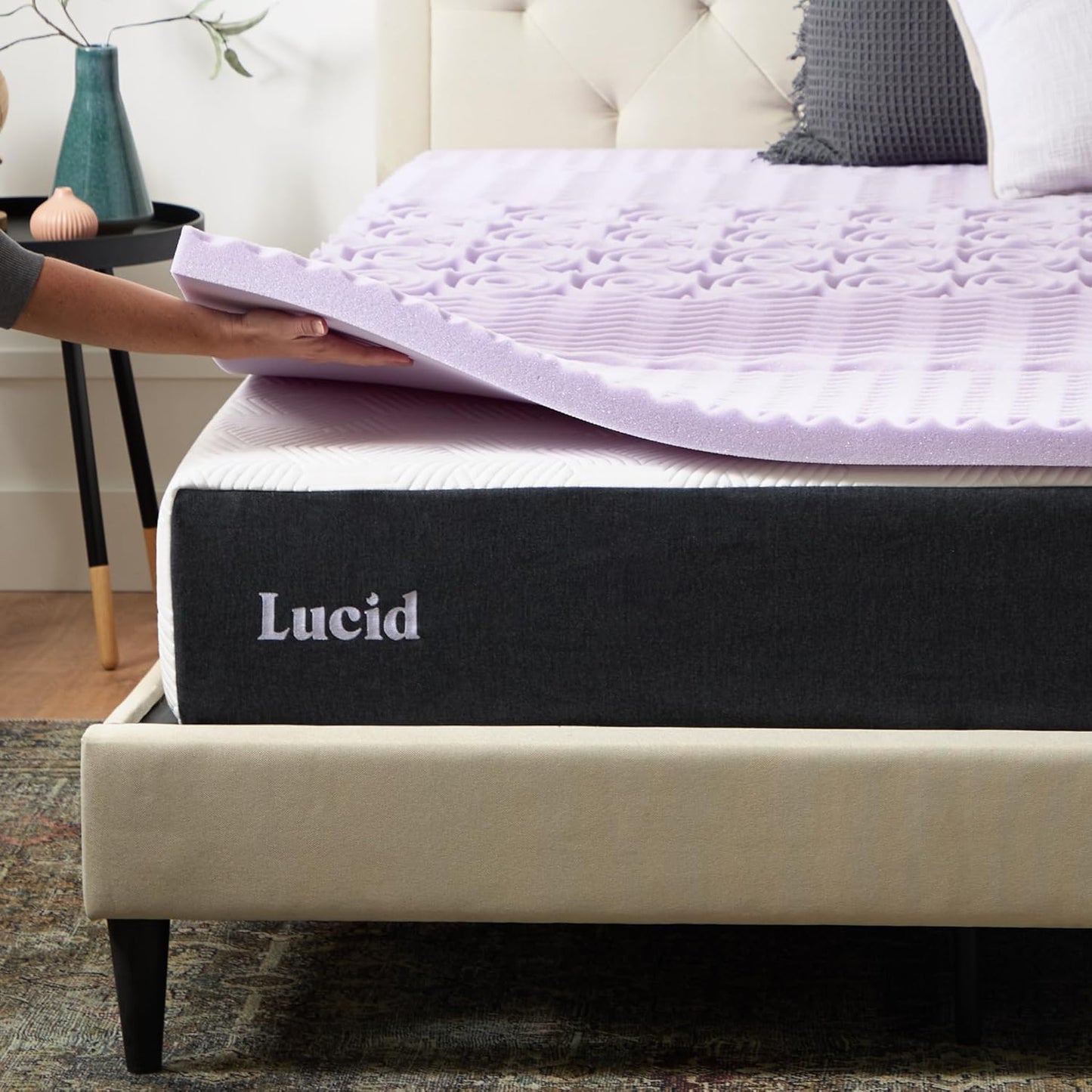Lucid Lavender Infused 2 Inch Memory Foam Mattress Topper - Queen Size - Plush Feel - 5 Convoluted Zones - CertiPUR Certified - New Home Owner & Dorm Room Essentials
