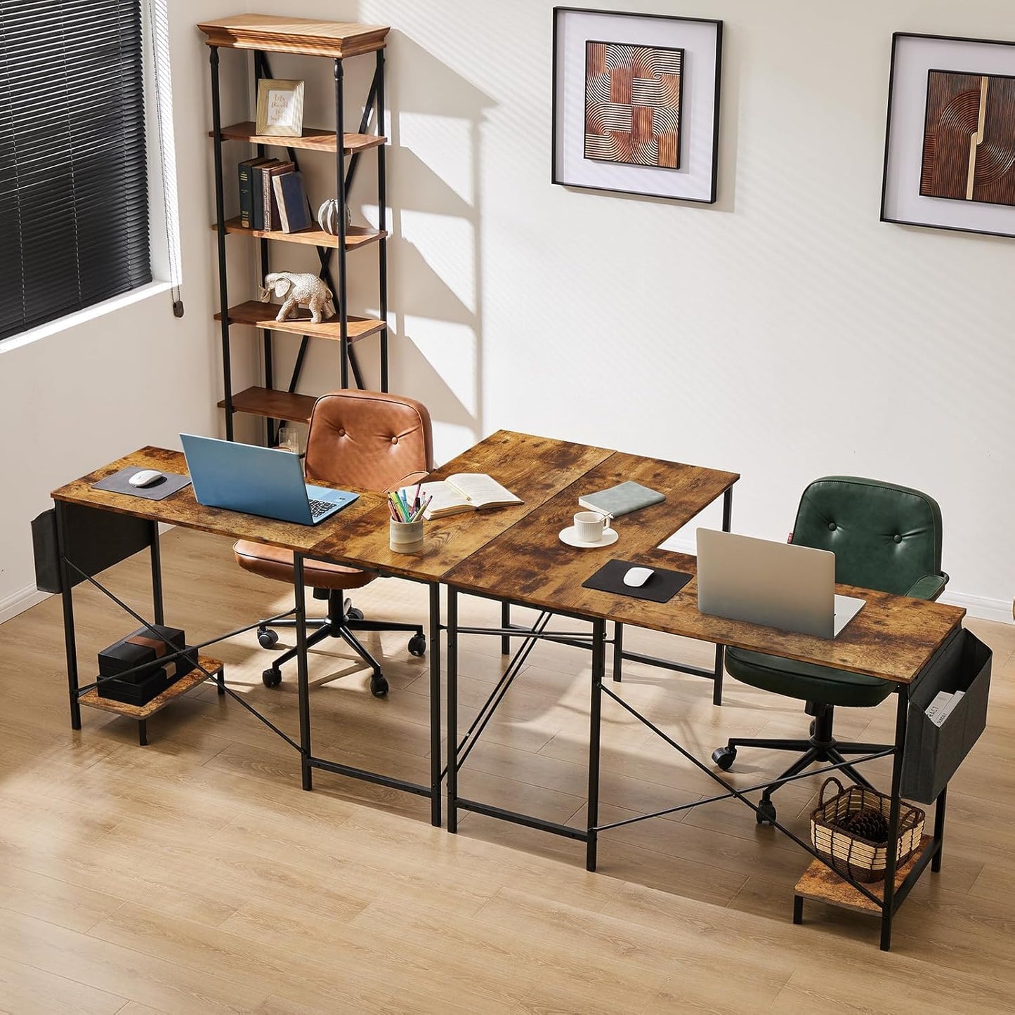 Whitmor L Shaped Gaming Desk - 50 Inch Reversible Corner Computer Desk with Wood Top, Metal Frame, CPU Stand & Side Bag, Home Office Dorm Sturdy Writing Workstation, Brown