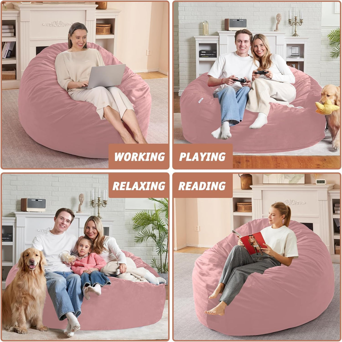 5FT Bean Bag Chair with Ultra Soft Velvet Cover Bean Bag Sofa with Memory Foam Bean Bag Chairs with Large Size Lazy Sofa for Dorm Office Living Room Bedroom Dusty Pink 5'