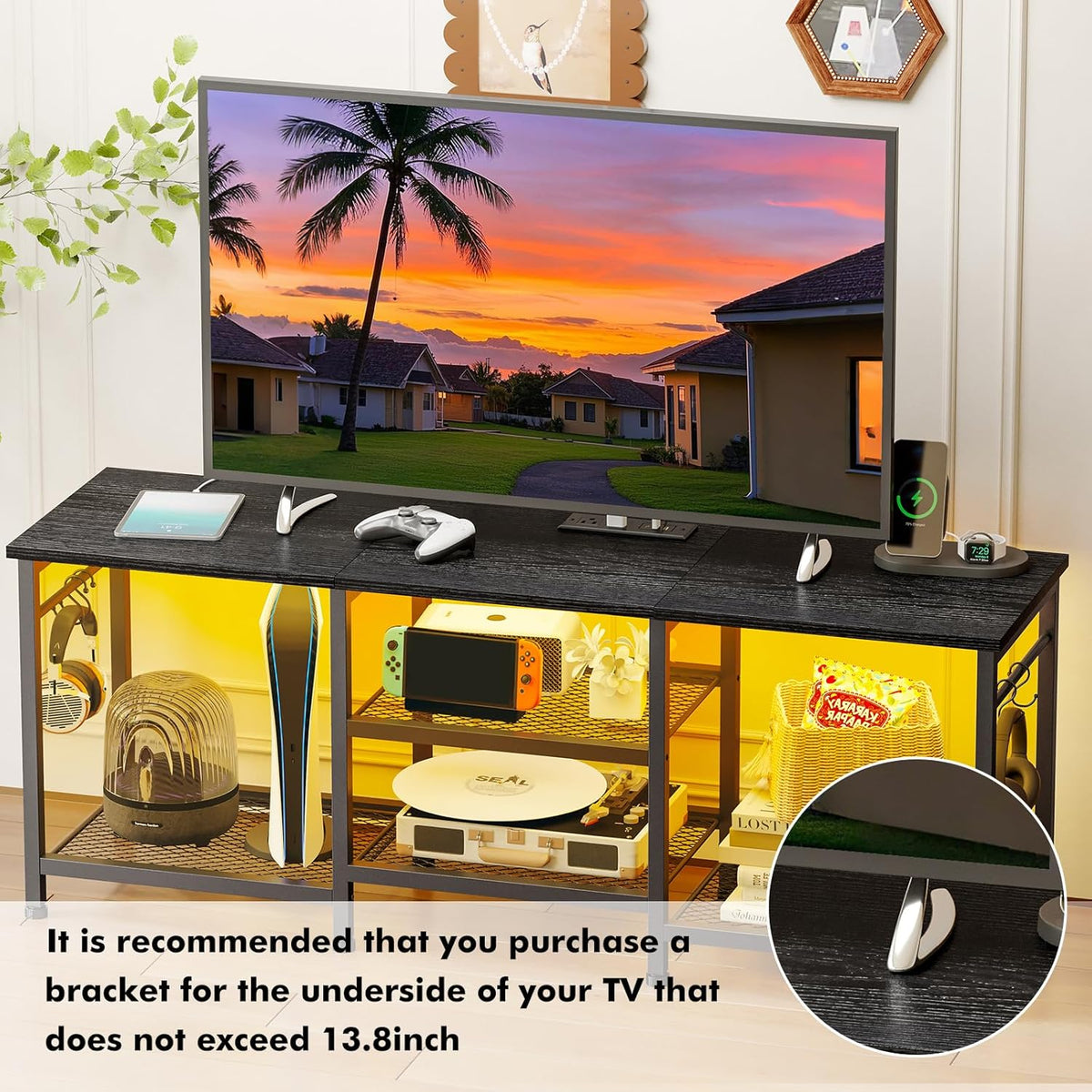 YGEOMER Black TV Stand Entertainment Center for 55 Inch TVs, with Charging Station and Lights Open Storage Shelves, TV Media Console, Open Storage Shelf with Sound Rack for Living Room, Bedroom